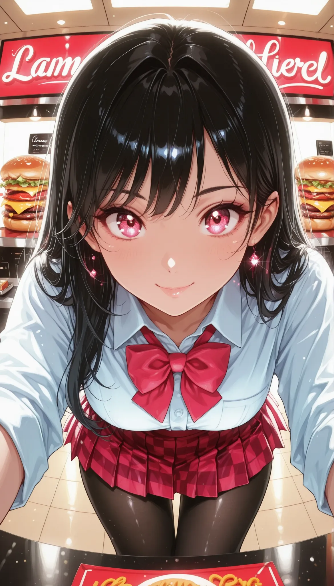 is so lovelyな女子校生, 1 woman, beauty, (long black hair, white shirt, bow tie, Red checkered pleated mini skirt, black pantyhose), dark store interior, hamburger shop, Lively, Pamper me, bending forward, face focus, from above, Inside a fast food restaurant...