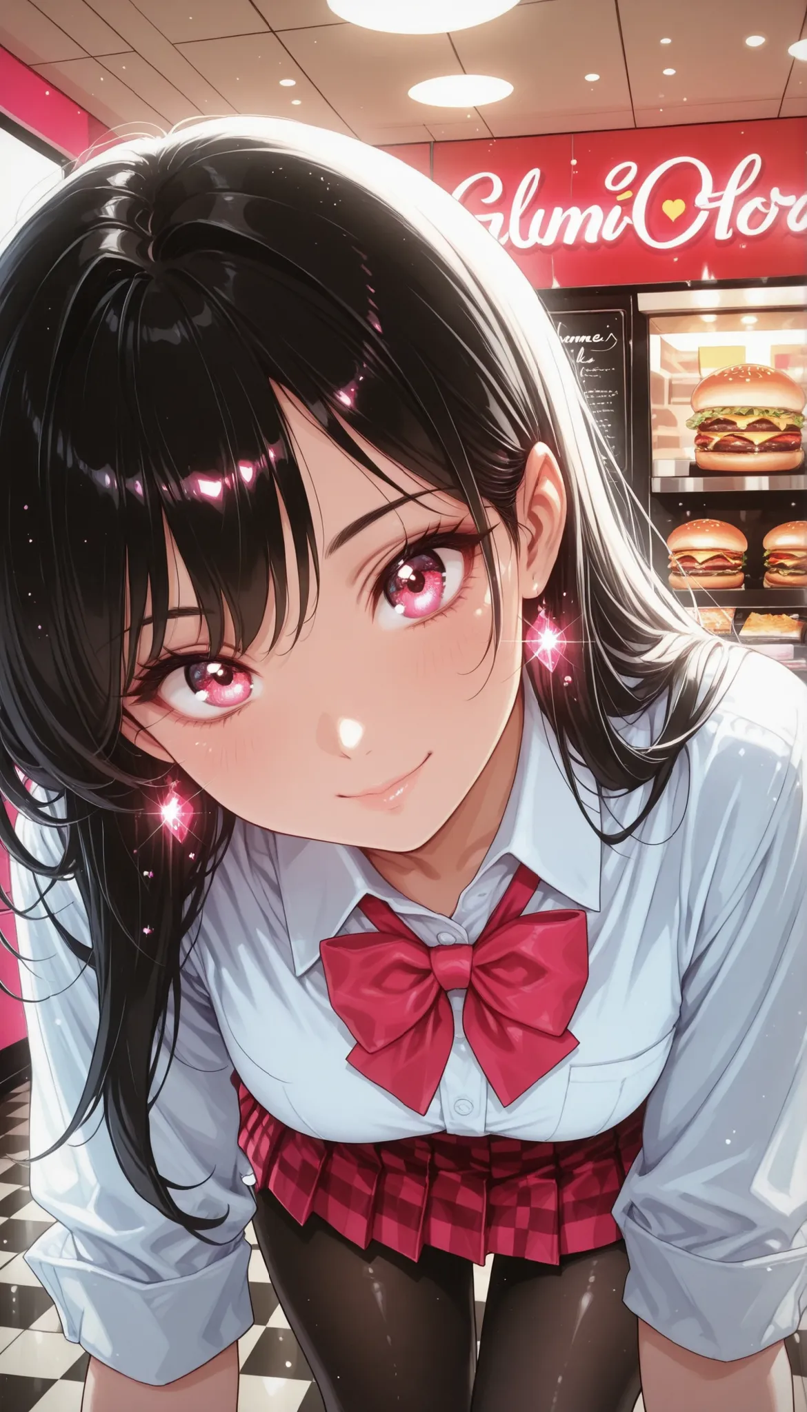 is so lovelyな女子校生, 1 woman, beauty, (long black hair, white shirt, bow tie, Red checkered pleated mini skirt, black pantyhose), dark store interior, hamburger shop, Lively, Pamper me, bending forward, face focus, from above, Inside a fast food restaurant...