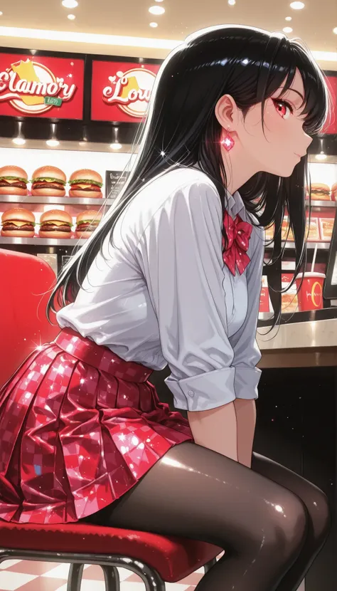  is so lovelyな女子校生, 1 woman, beauty, (long black hair, white shirt,  bow tie, Red checkered pleated mini skirt, black pantyhose), dark store interior, hamburger shop, Lively, sitting on a chair at the reception desk inside the store, profile, face focus, I...