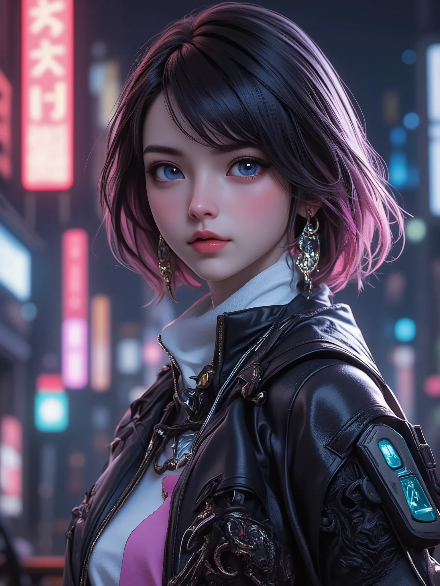 Wearing intricate cyberpunk streetwear, Beautiful, girl, detailed portrait, 4 thousand., bright colors, conceptual art, cinematic dramatic atmosphere, Sharp Focus, Volumetric lighting, cinematic lighting, studio quality,score_9,score_8_up,score_7_up,master...
