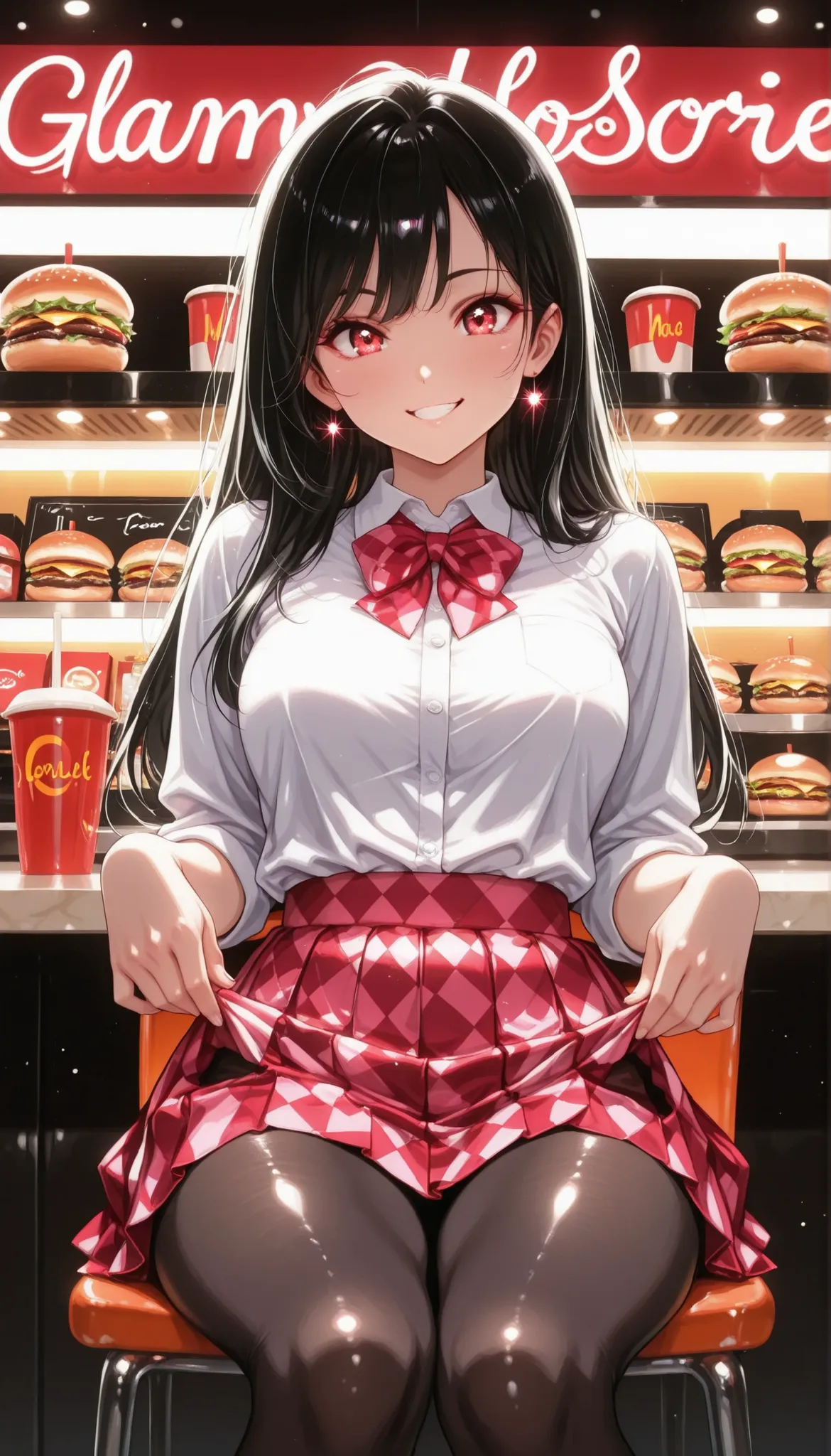 is so lovelyな女子校生, 1 woman, beauty, (long black hair, white shirt, bow tie, Red checkered pleated mini skirt, black pantyhose), dark store interior, hamburger shop, Lively, sitting on a chair at the reception desk inside the store, grinning, Skirt Lift, ...
