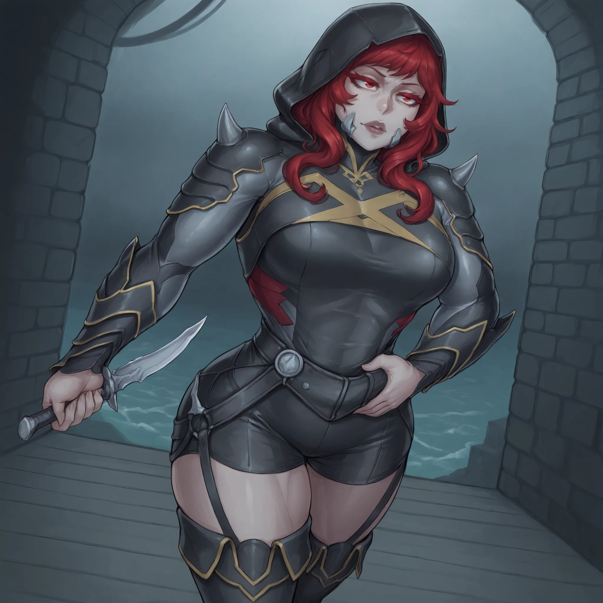 Elegant and dangerous looking woman, Intense red-haired hair, long up to the middle of the back, with slightly wavy locks and perfectly combed backwards. white eyelashes, thin and angled.  very fair skin, Almost snowy,  with no visible imperfections . big ...