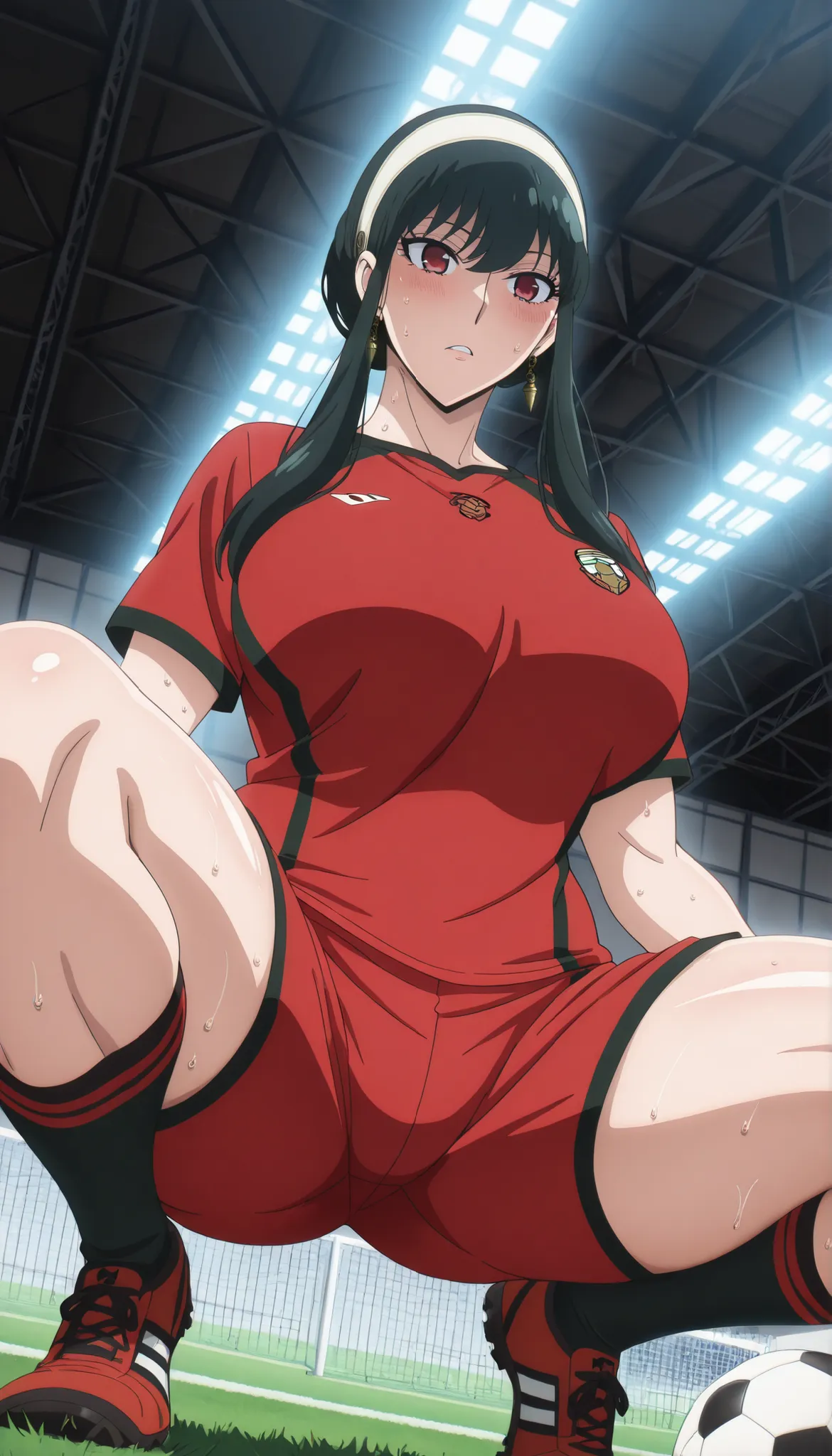 1woman, solo, Source_anime, soccer ground, wearing Soccer jersey, soccer shorts, socks, Soccer shoes, Soccer ball in ground, cinematic lighting, perfect lighting, detailed lighting, cinematic bloom,Quality_masterpiece, Anatomically correct, Beautiful face,...