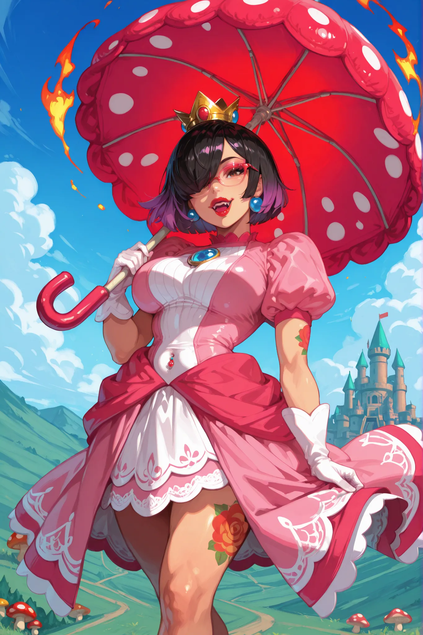 score_9, score_8_up, score_7_up, score_6_up, score_5_up, masterpiece, best quality, short hair, hair over one eye, bob cut, black hair, purple hair, multicolored hair, two-tone hair, gradient hair, brown eyes, looking at viewer, playful expression, from ab...