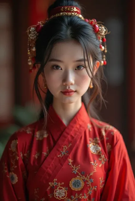 best quality, masterpiece, high resolution, 1girl, china hanfu,Chinese architect background, red neckchief, hair adornments, choker necklace, jewelry , pretty face,above_body, Tyndall Effect,フォトリアリスティック,  dark studio,  edge lighting ,  two-tone lighting ,(...