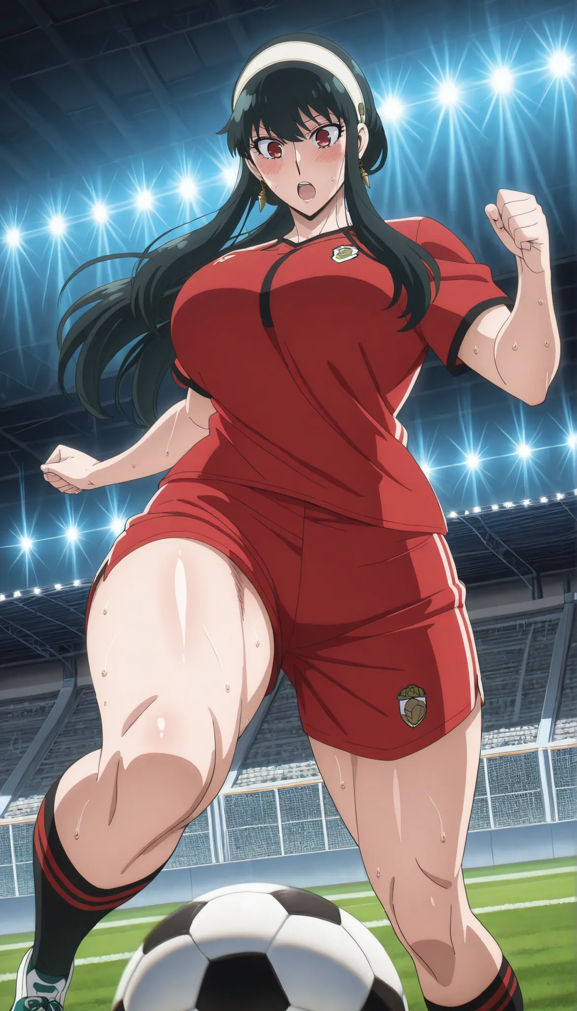 1woman, solo, Source_anime, soccer ground, wearing Soccer jersey, soccer shorts, socks, Soccer shoes, Soccer ball in ground, cinematic lighting, perfect lighting, detailed lighting, cinematic bloom,Quality_masterpiece, Anatomically correct, Beautiful face,...