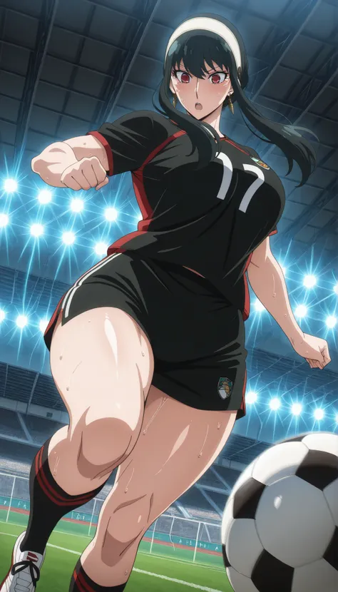 1woman, solo, Source_anime, soccer ground, wearing Soccer jersey, soccer shorts, socks, Soccer shoes, Soccer ball in ground, cinematic lighting, perfect lighting, detailed lighting, cinematic bloom,Quality_masterpiece, Anatomically correct, Beautiful face,...
