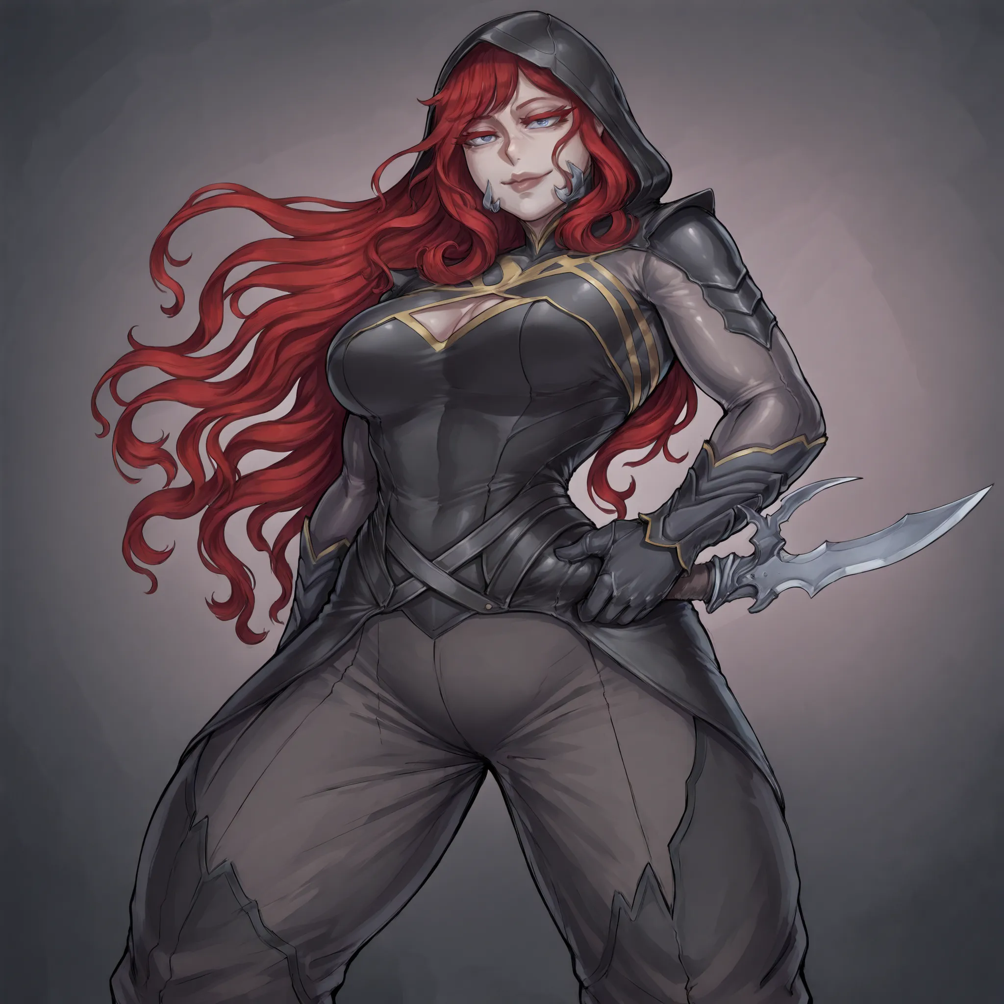 Elegant and dangerous looking woman, Intense red-haired hair, long up to the middle of the back, with slightly wavy locks and perfectly combed backwards. white eyelashes , thin and angled.  very fair skin, Almost snowy,  with no visible imperfections . big...