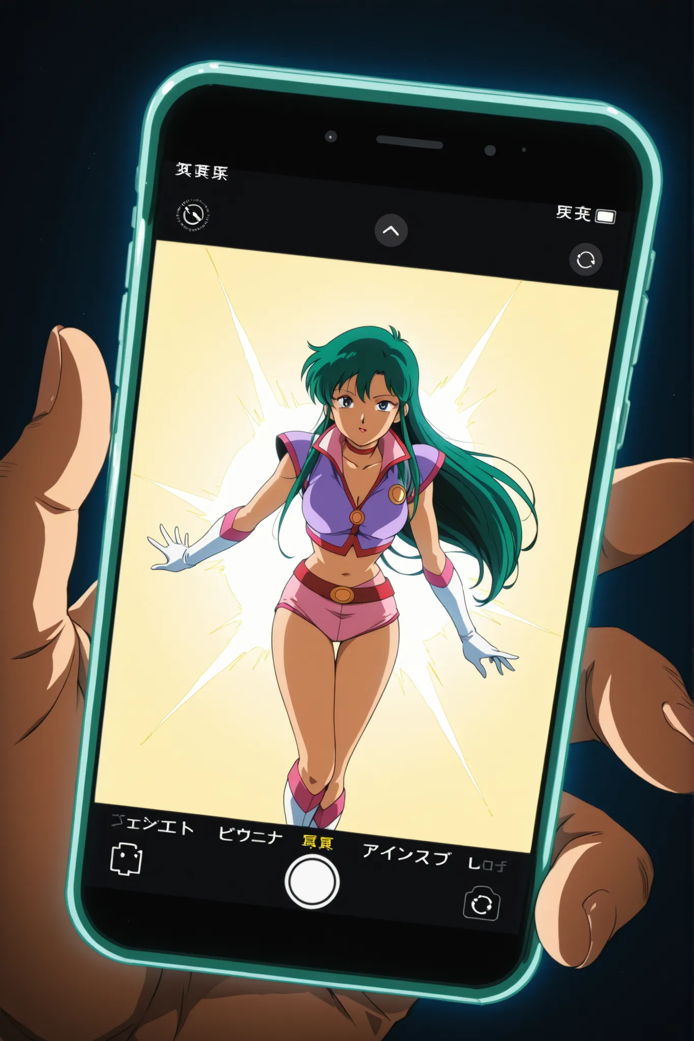 Time Gal with long green hair, emerging in a flash of energy through the screen of a smartphone, natural lighting, in a highly detailed anime style