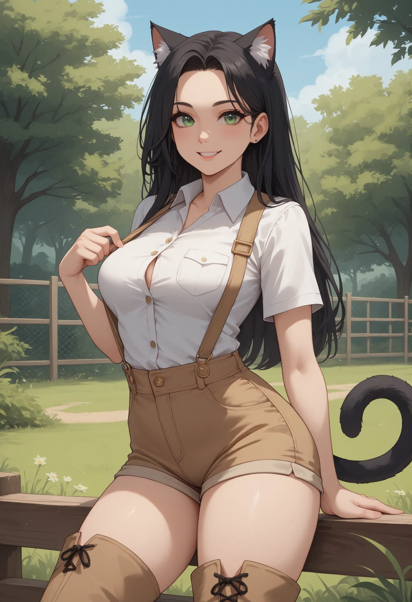 (Masterpiece) (High Detail) (High Res) A close up of A short curvy slim Humanoid cat Female with pale human skin and bright green eyes and very long straight black hair and fluffy black cat ears and a long fluffy black cat tail and medium breasts with thick thighs and wide hips and tattoos on her arms and dark eye make-up. She is standing in front of a mesh fence. She is wearing a Zookeeper outfit. A beige button up blouse and a beige pair of shorts and some large beige boots and beige suspenders. She is in a zoo. She is smiling slightly. Long black straight hair. She has a nametag on her. 