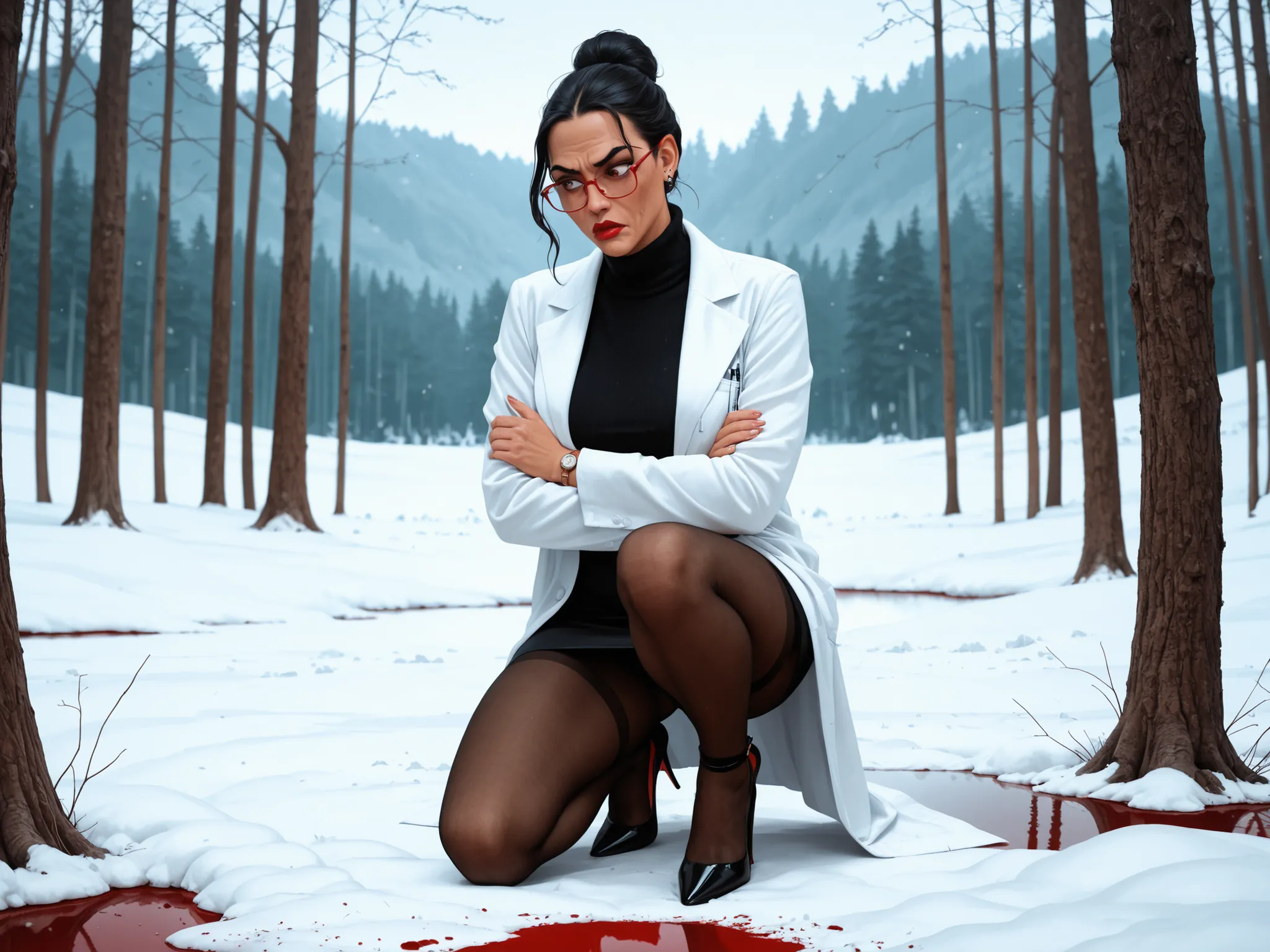 (vintage art, illustration, masterpiece), absurdres,best quality,amazing quality, outdoors, forest, winter, snow, lake of blood, solo, latina scientist, mature, tan skin, black hair, top bun, perfect face, sharp facial features, looking down, piercing bron...