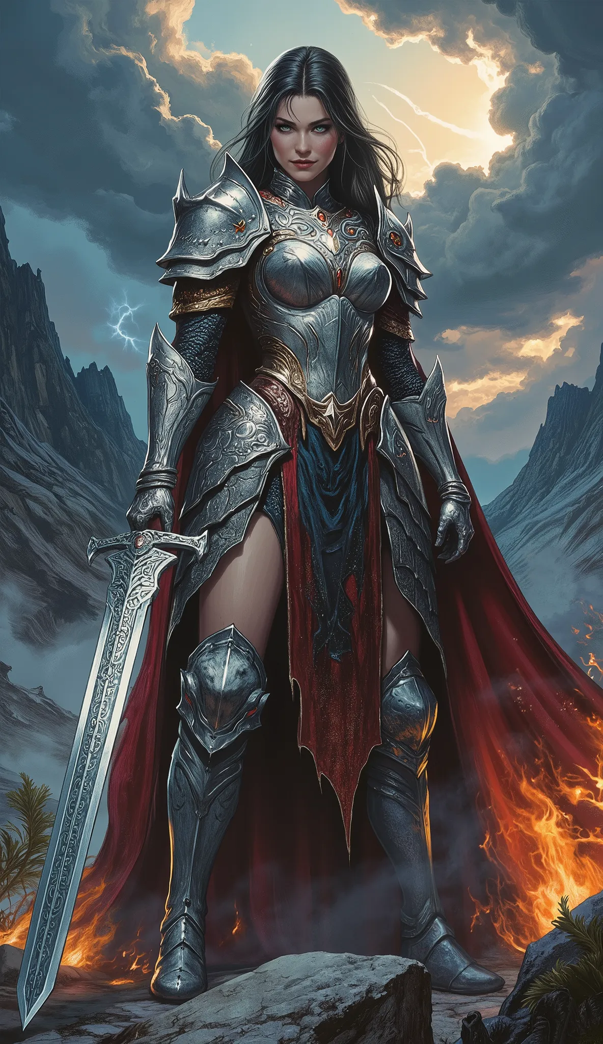 Prompt: A fierce warrior princess wearing an detailed dragon-scale armor blend, standing in a energetic pose. Her armor is detailed with shimmering metallic scales resembling a dragon's skin, with glowing accents and fiery elements. She wields a legendary ...