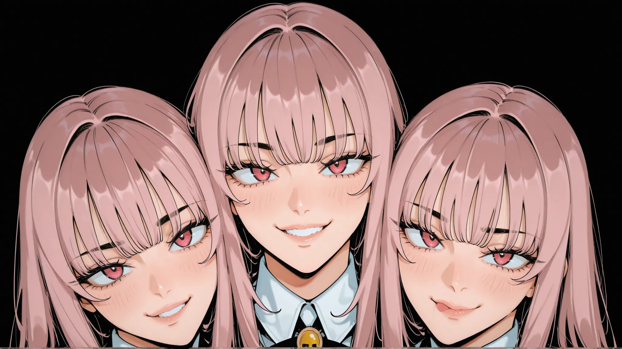 MEDIUM SHORT PLAN for a woman with medium pink hair, olhos vermelhos, sexy expression, boca meio aberto. O background é com um bom contraste e sombras