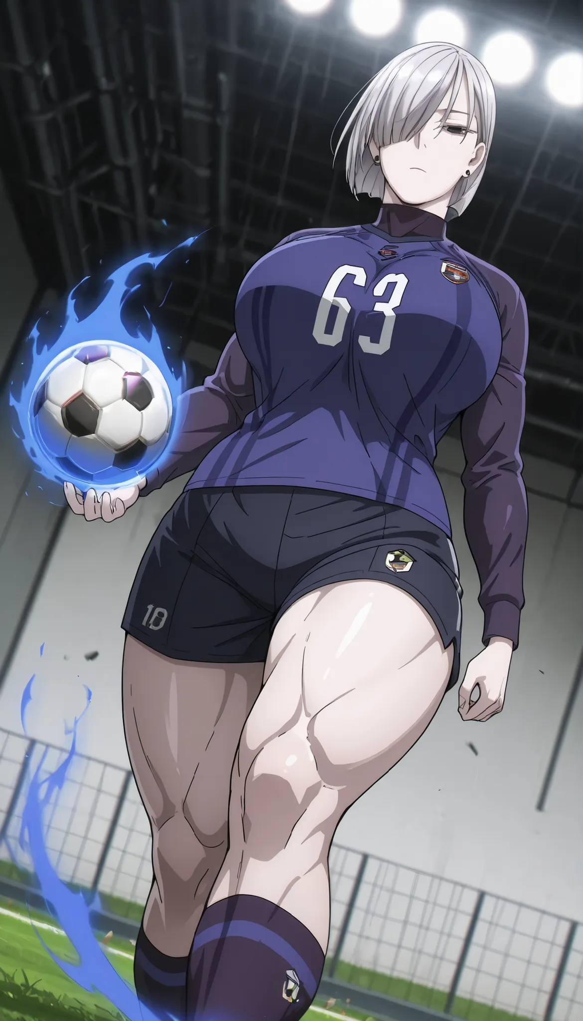 fiona frost,1girl,solo,mature,short hair, hair over one eye,looking at viewer,earrings,grey hair,emotionless,standing, huge breasts, thick muscular thighs, wide curvy hips, wearing Soccer jersey, soccer shorts, soccer shoes, socks, soccer ball on ground, f...