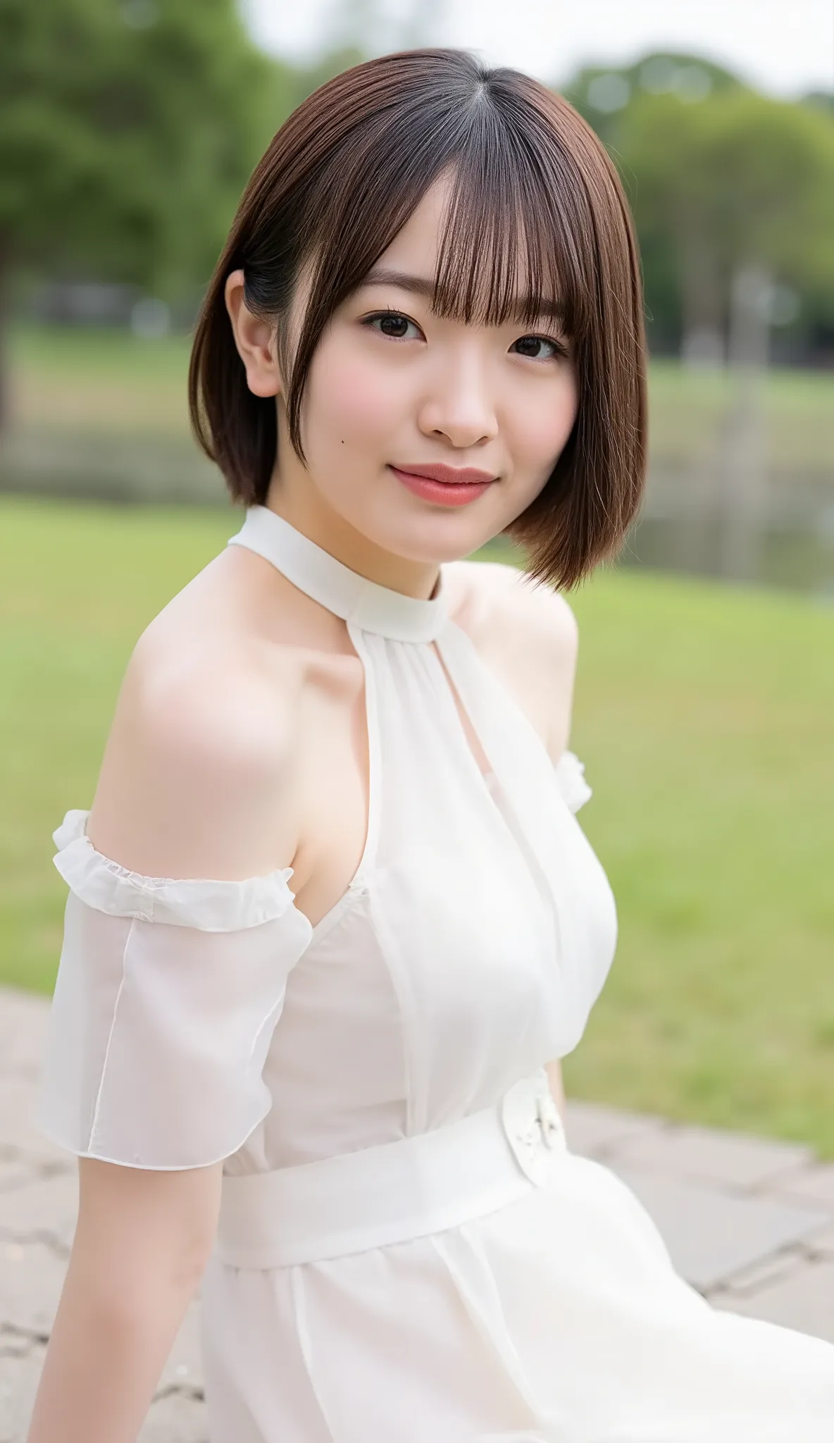 Photos taken from bottom to top, Low-angle, a portrait of a young Asian office girl named Konnagi sitting in a japanese park. She has straight very short brown hair with bangs. 6_cosplay white dress sleepwear costume SsS. She is wearing a white dress. snow...