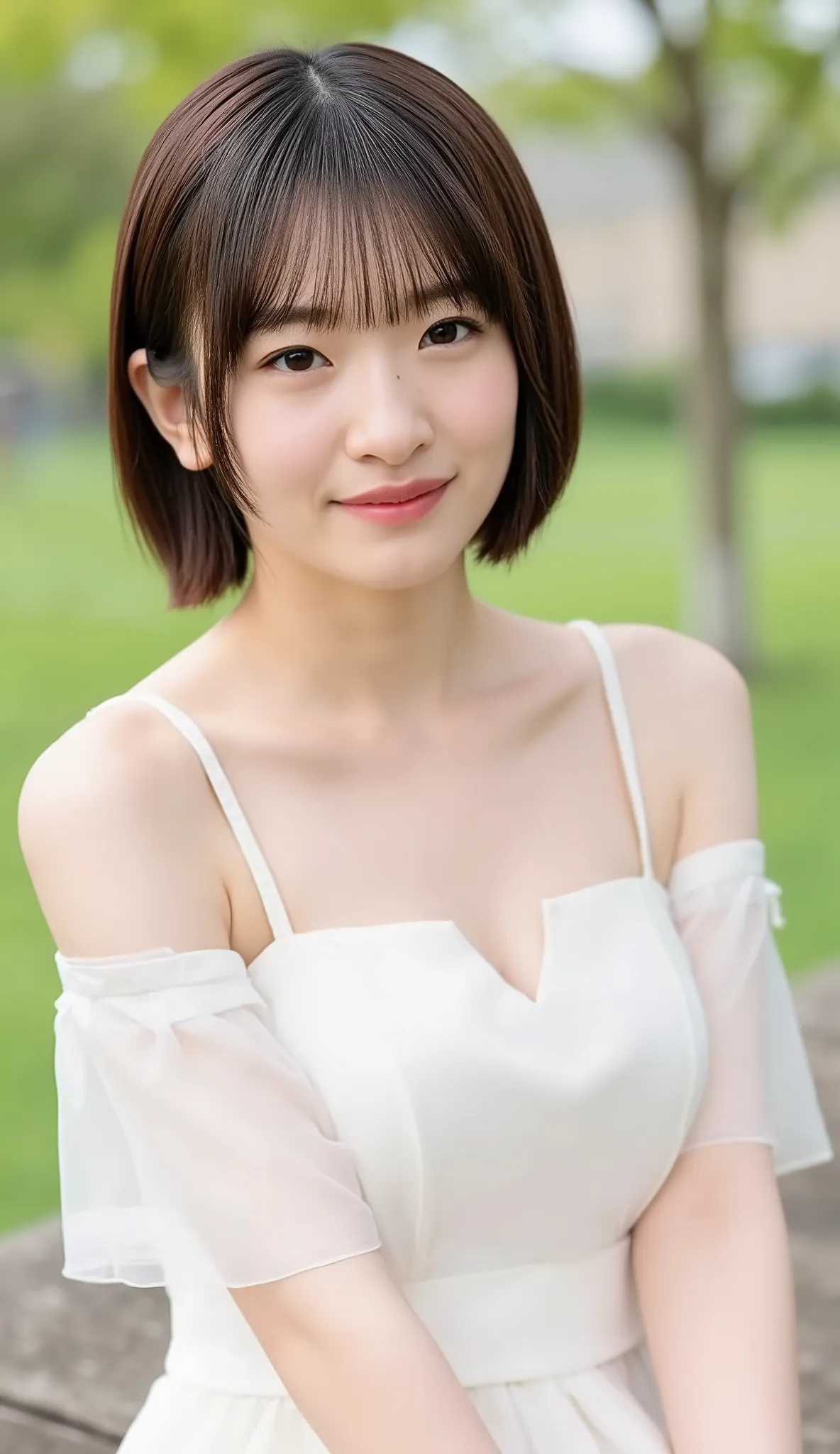 Photos taken from bottom to top, Low-angle, a portrait of a young Asian office girl named Konnagi sitting in a japanese park. She has straight very short brown hair with bangs. 6_cosplay white dress sleepwear costume SsS. She is wearing a white dress. snow...