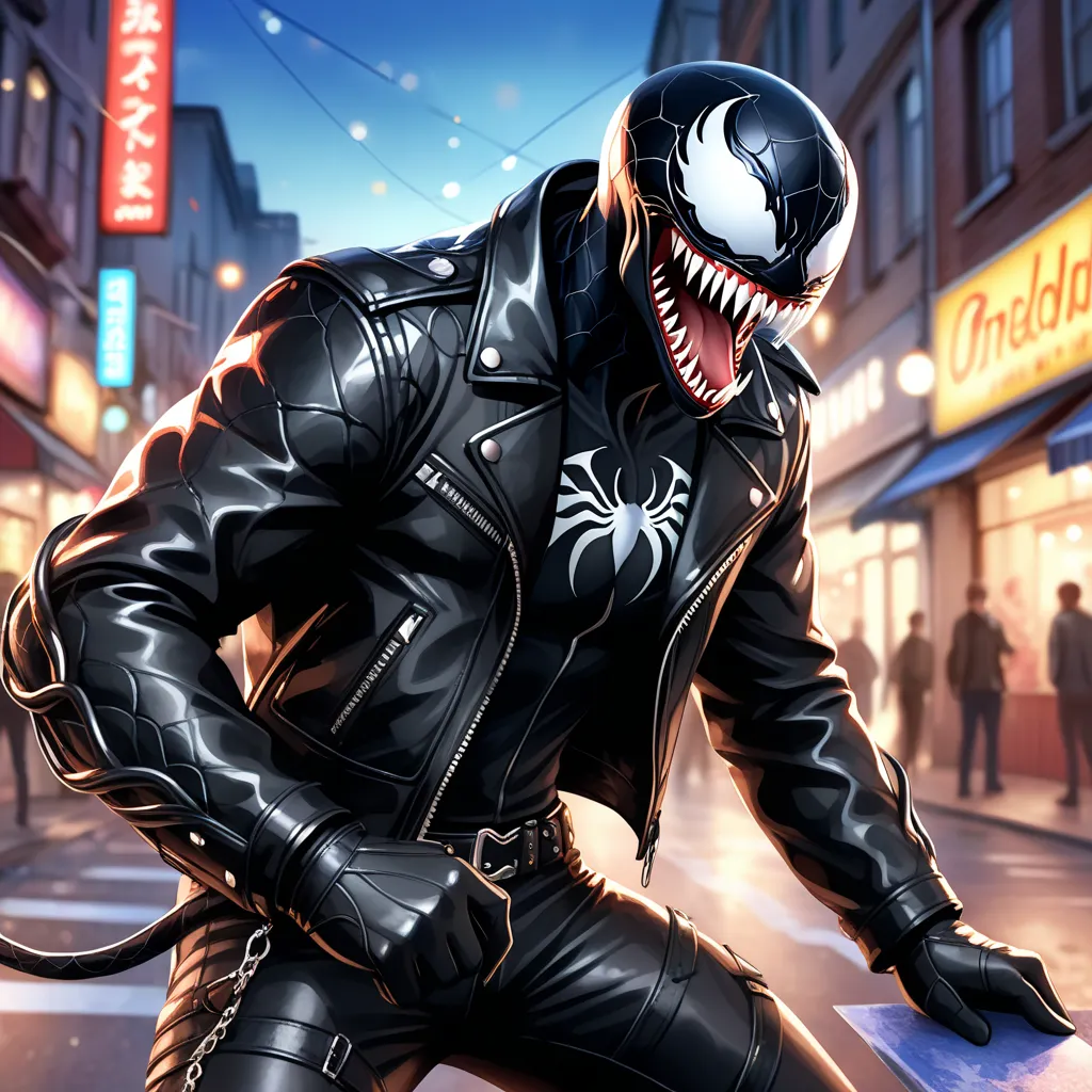 Closeup, comic book art style, Watercolor, Venom wearing an insanely cool black leather biker jacket, black shirt, black leather biker gloves, black leather biker pants, giving it a cool, edgy appearance, professional artwork, intricate details, sharp focus, Detailed picture, Realistic lighting, Popular topics on pixiv, Standingatattention, view viewer, Extremely detailed 8k wallpaper, perfect lighting, colorful, bright_street frontage_Face_Lighting project:1.0),(the best_quality:1.0), 超high resolution,4K,Super detailed, photography, 8K, high dynamic range, high resolution, background blur, Bokeh:1.2, lens flare glow, (A vibrant one_color:1.2), (Its appearance), ((view viewer, dancing pose)). Ensure the lighting highlights the reflective surfaces of the leather jacket, creating a sleek, polished finish. 