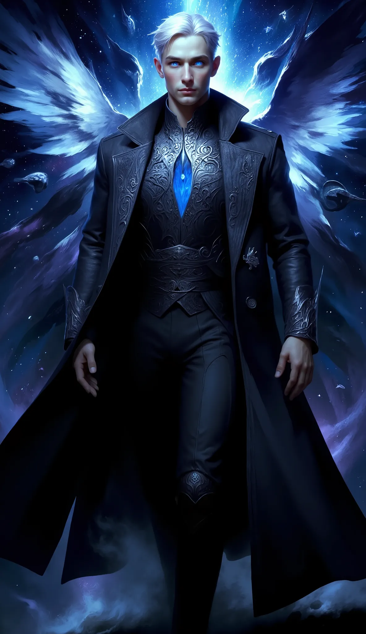 Hyperreal Cinematic Full body shot of a confident man with short, white hair and bright blue eyes that glow behind sharp aquiline facial features. He is impeccably dressed in a sleek, black, high-collared coat and tailored ves twith intricate angelic scri...