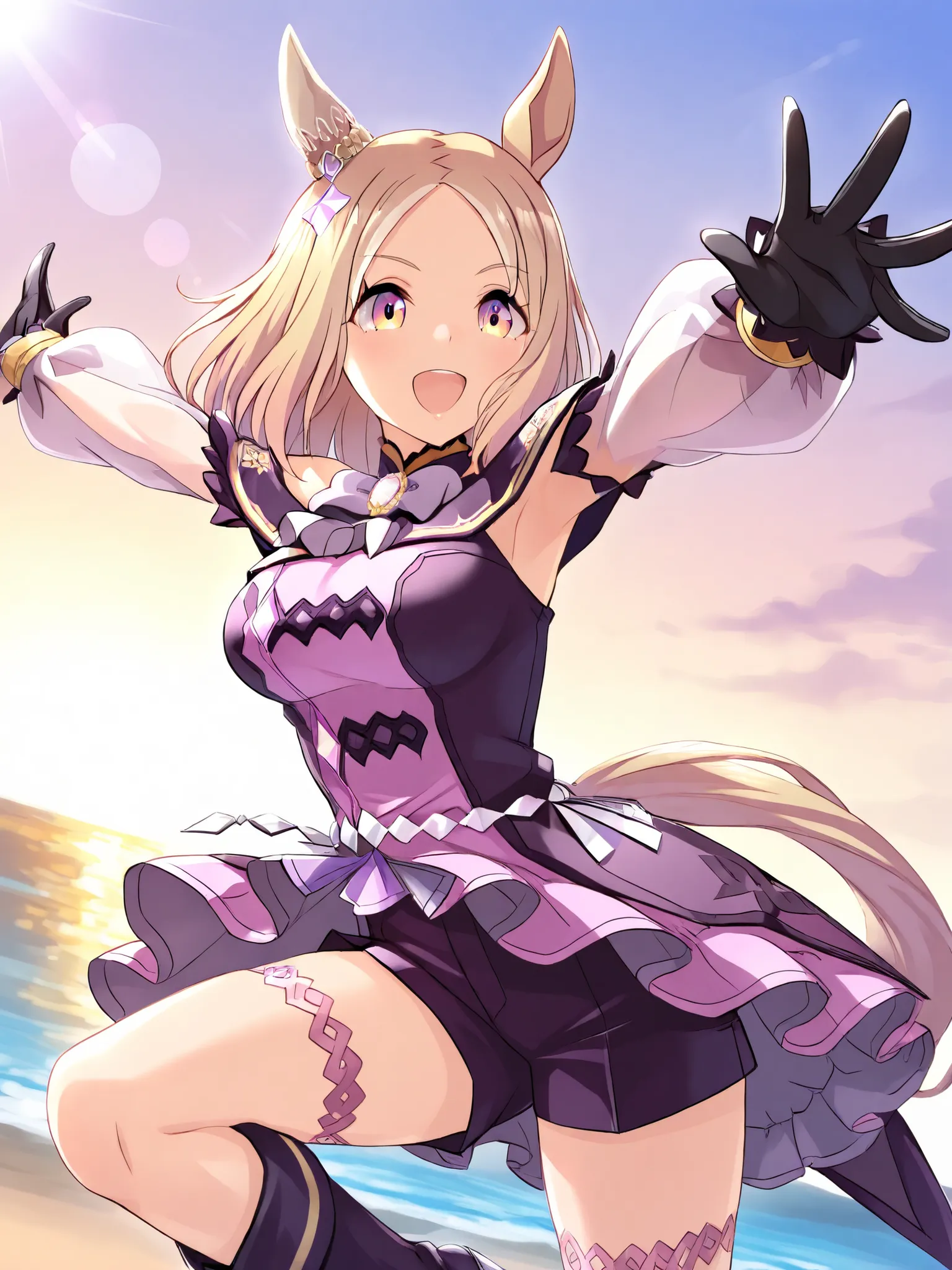 sleeveless at the beach,armpits,masterpiece, Highest Quality,NARITA TOP ROAD \(Uma Musume\), 1 girl, raising arms, horse ears, gloves, black shorts, black gloves, medium hair, Star Hair Ornament, purple high heel boots, purple dress, sleeveless at the b...