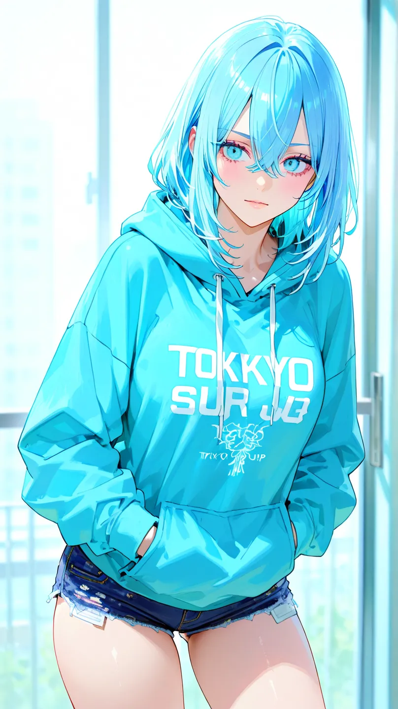 soft blue eyes, soft blue hair, score_9, score_8_up, 1girl, Tokyo_Revengers_Anime_Style, short shorts, hoodie, 
