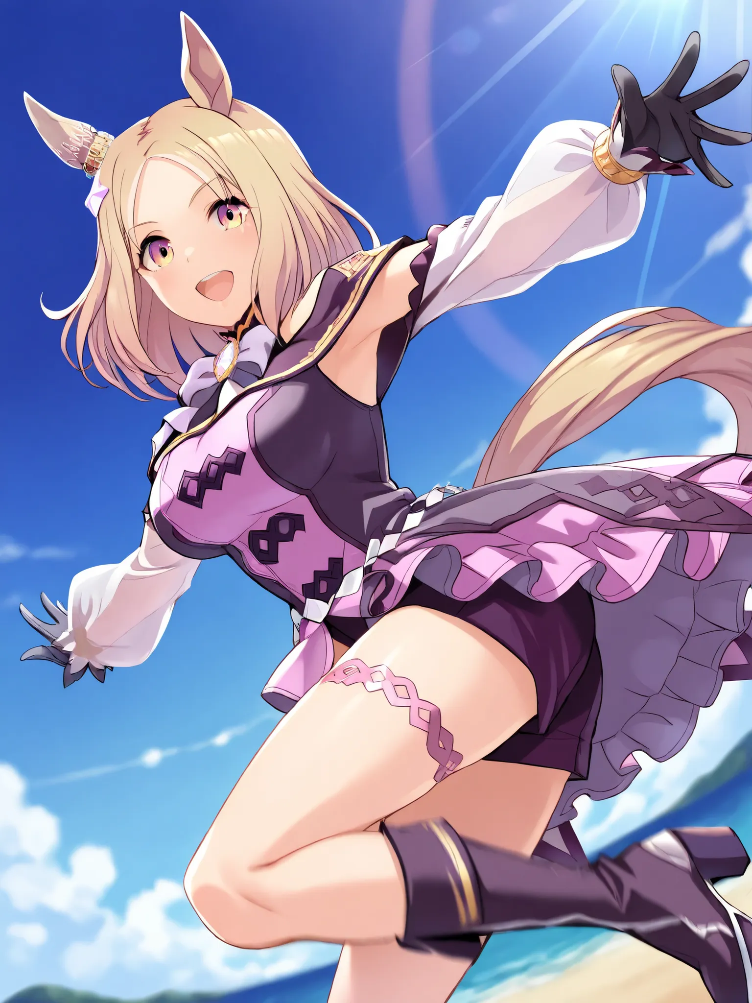 sleeveless at the beach,armpits,masterpiece, Highest Quality,NARITA TOP ROAD \(Uma Musume\), 1 girl, raising arms, horse ears, gloves, black shorts, black gloves, medium hair, Star Hair Ornament, purple high heel boots, purple dress, sleeveless at the b...