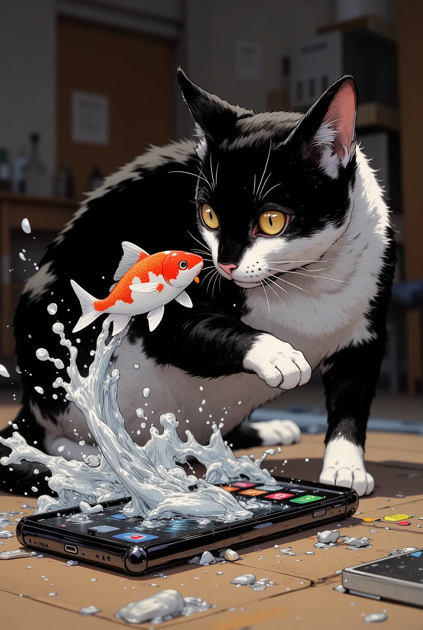 Cat happy to catch fish from a smartphone