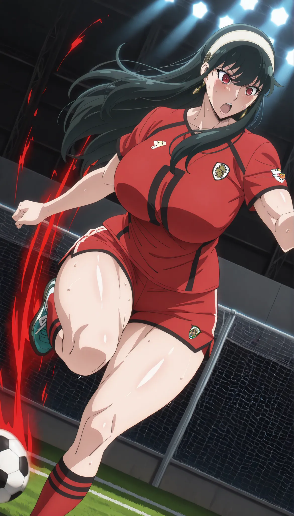 1woman, solo, Source_anime, soccer ground, wearing Soccer jersey, soccer shorts, socks, Soccer shoes, Soccer ball in ground, cinematic lighting, perfect lighting, detailed lighting, cinematic bloom,Quality_masterpiece, Anatomically correct, Beautiful face,...