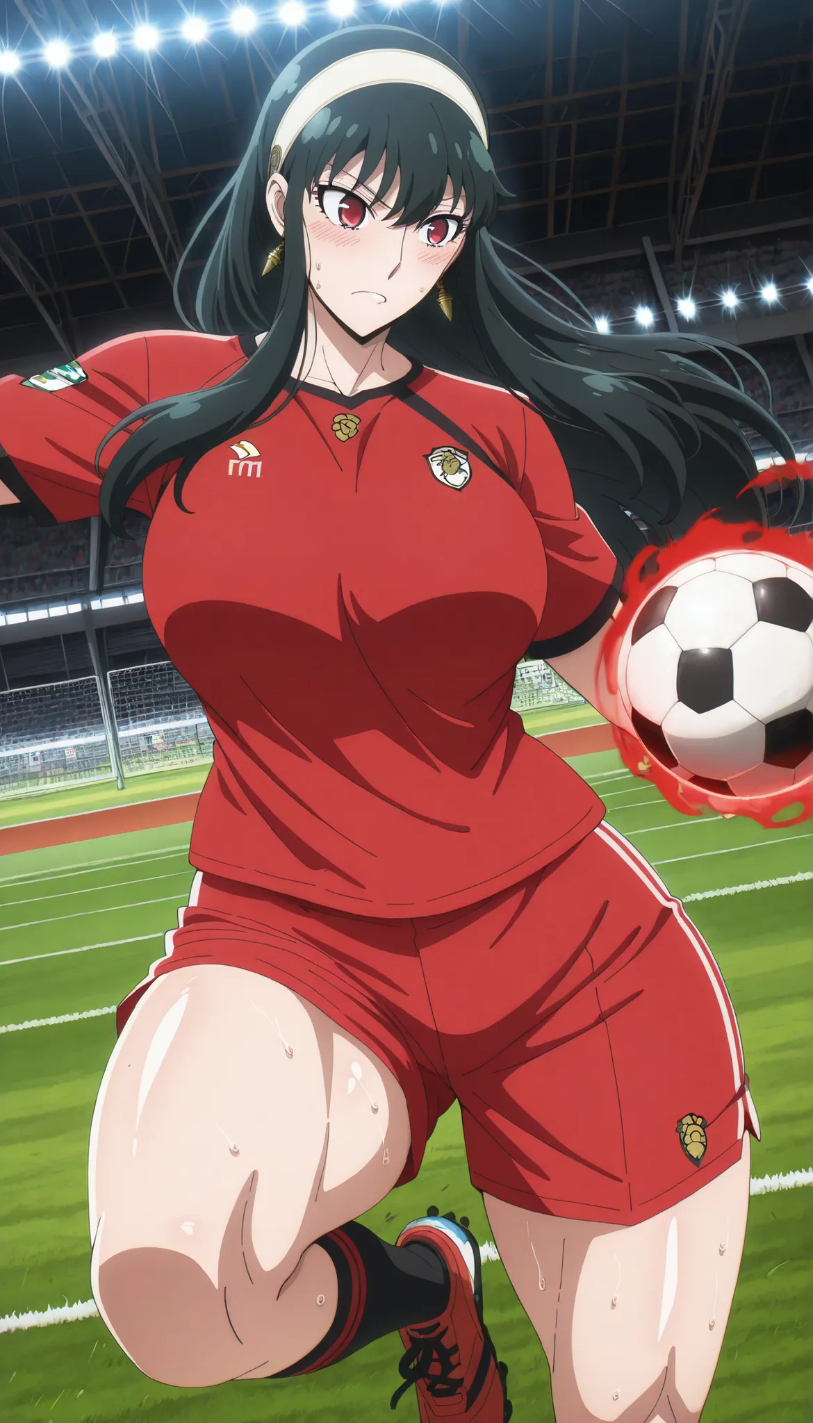 1woman, solo, Source_anime, soccer ground, wearing Soccer jersey, soccer shorts, socks, Soccer shoes, Soccer ball in ground, cinematic lighting, perfect lighting, detailed lighting, cinematic bloom,Quality_masterpiece, Anatomically correct, Beautiful face,...