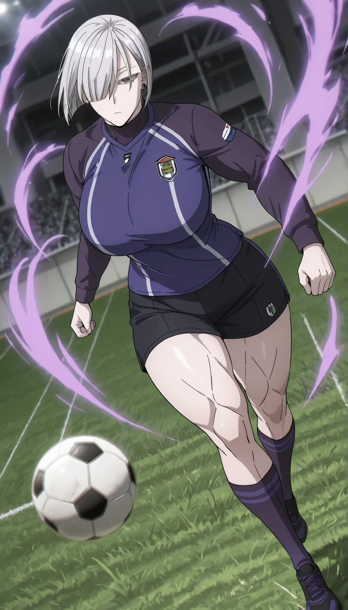 fiona frost,1girl,solo,mature,short hair, hair over one eye,looking at viewer,earrings,grey hair,emotionless,standing, huge breasts, thick muscular thighs, wide curvy hips, wearing Soccer jersey, soccer shorts, soccer shoes, socks, soccer ball on ground, d...