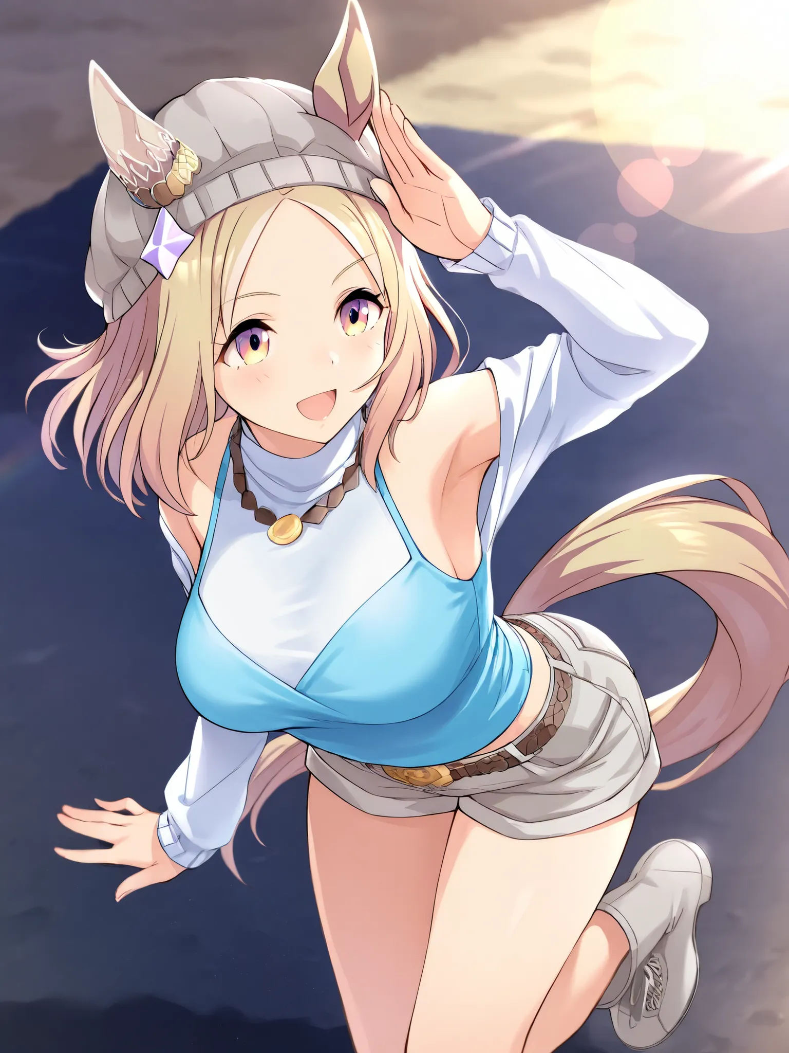 sleeveless at the beach,armpits,miniskirt,masterpiece, Highest Quality,NARITA TOP ROAD \(Uma Musume\), 1 girl, Grey Boots, horse tail, Grey Shorts, smile, horse ears, , Beanie, long sleeve, medium hair, sweater, ear to ear headwear, belt, Star-shaped Ha...
