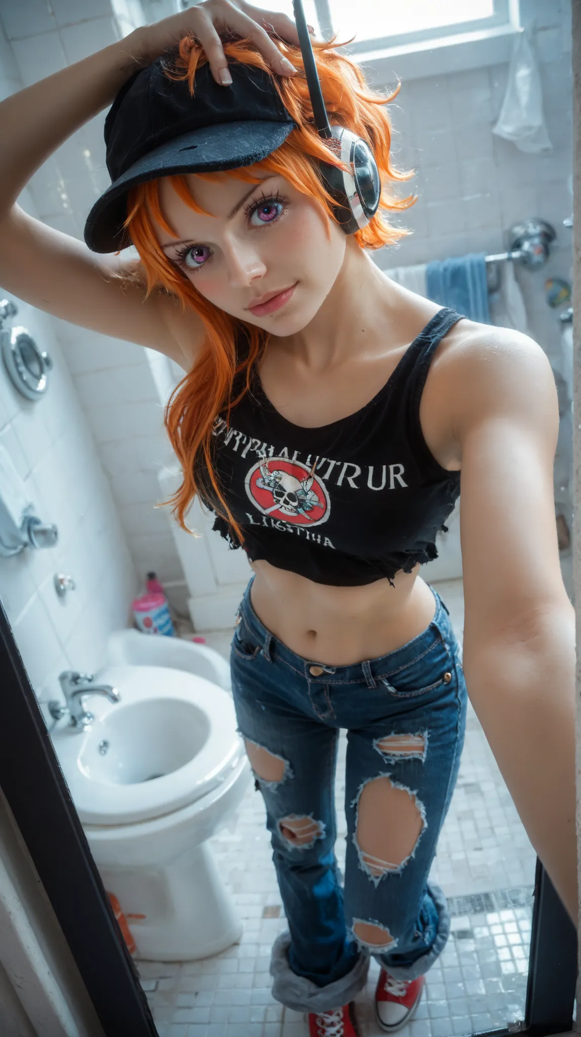 anime style, Lilith from One Piece, selfie pose from high angle, casual pose, black crop top, low-rise ripped jeans, black cap on messy short orange hair, futuristic headphones (Lilith's style), confident expression, soft blush, detailed eyes, modern bathr...