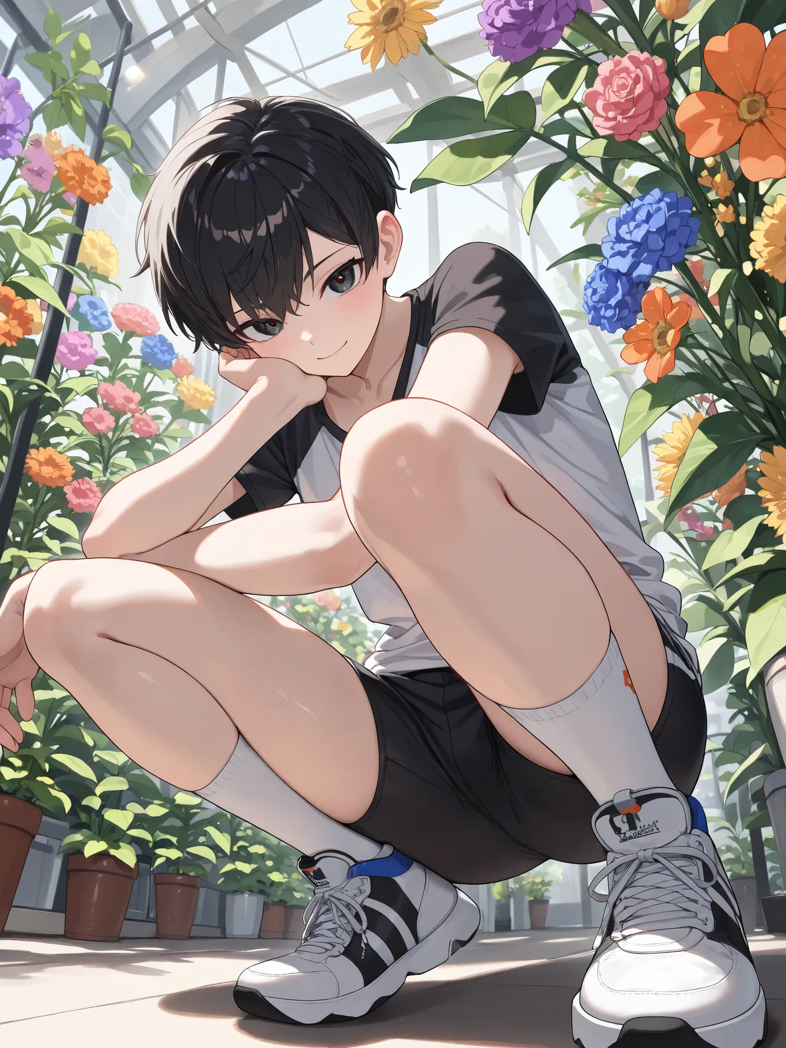 Young boy squatting next to lush plants, beautiful and many flowers and plants background, one young boy, solo, (), squatting, shiny dark black hair, ((pixie cut, very short hair)), dumb hair, faint smile, (dark cleoyes ((spats)), white socks, sneakers, BR...