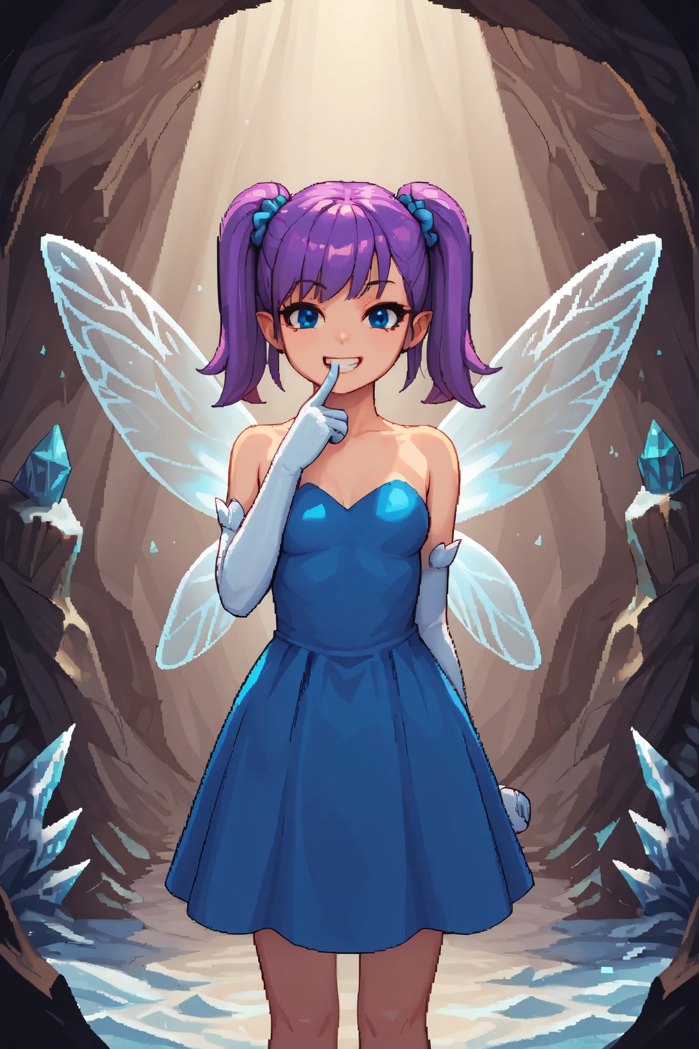 score_9_up, score_8_up, score_7_up, 1girl, solo, source_anime, pixel art, fairy, FairyForm, Fairy Wings, Wings BREAK
Short twintails, fairy wings, bangs, small breasts, purple hair, blue eyes, hair_scrunchie, blue_scrunchie BREAK
Shiny_dress, light blu...