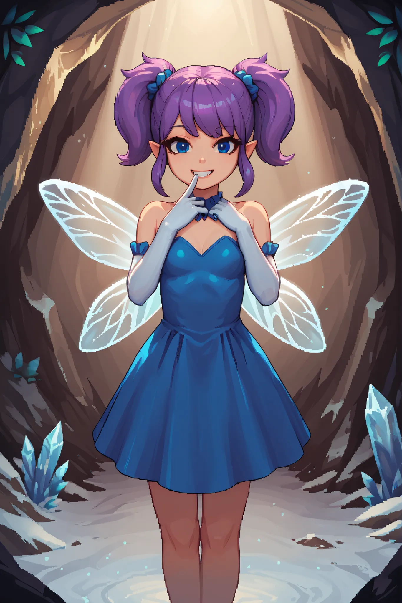 score_9_up, score_8_up, score_7_up, 1girl, solo, source_anime, pixel art, fairy, FairyForm, Fairy Wings, Wings BREAK
Short twintails, fairy wings, bangs, small breasts, purple hair, blue eyes, hair_scrunchie, blue_scrunchie BREAK
Shiny_dress, light blu...