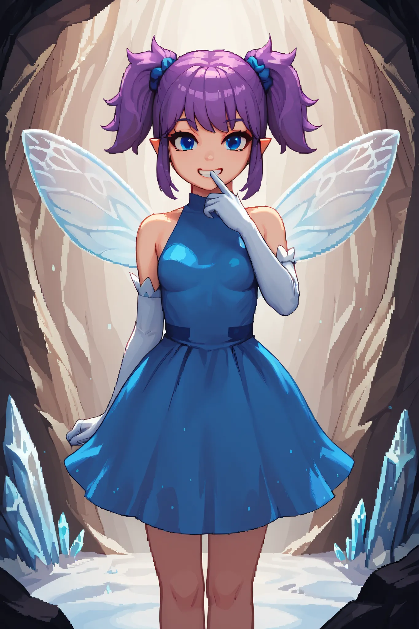 score_9_up, score_8_up, score_7_up, 1girl, solo, source_anime, pixel art, fairy, FairyForm, Fairy Wings, Wings BREAK
Short twintails, fairy wings, bangs, small breasts, purple hair, blue eyes, hair_scrunchie, blue_scrunchie BREAK
Shiny_dress, light blu...