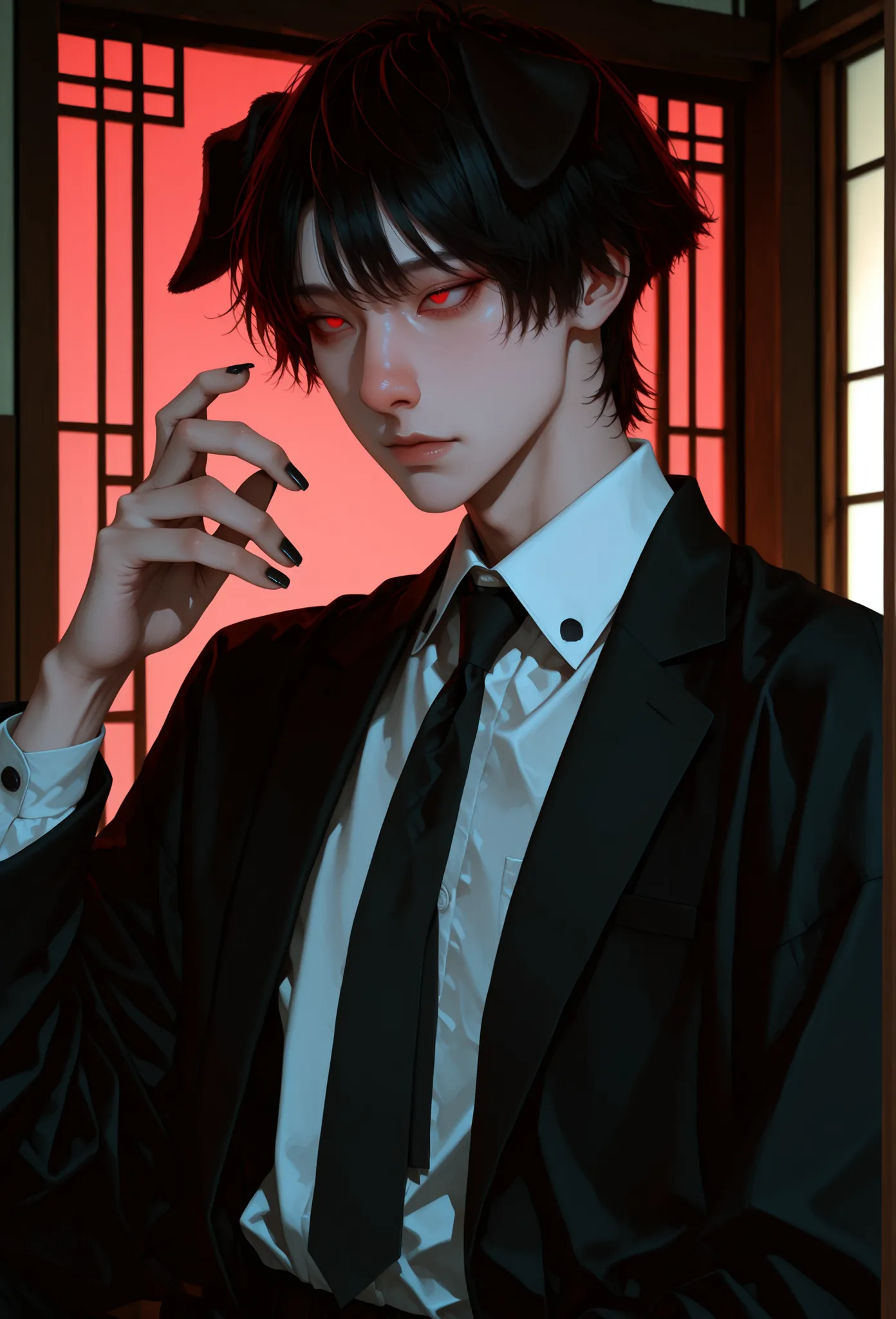 !solo, (((detailed face))) photorealism:1.2, (((short hair))) japanese male, High quality, anime style, bishounen, ((((5 fingers per hand black nails)))), dark red eyes, square jaw, japanese slanted eyes, small black floppy dog ears, ((big japanese flat no...