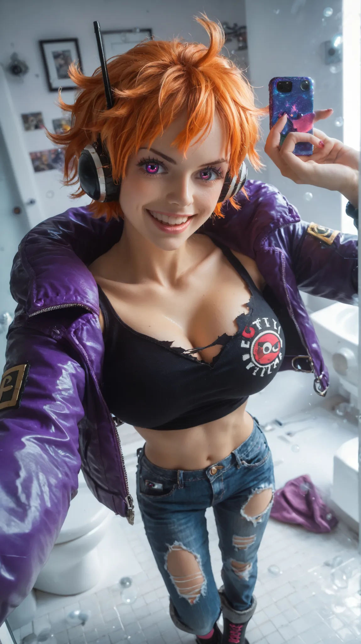 2d, anime, anime stylet, 1girl, solo, large breasts, looking at viewer, dynamic pose, confident smile, short messy hair, open mouth, headphones, vegapunk lilith, purple jacket with "02" patch, hair over one eye, toned body, orange hair, violet eyes, Korean...