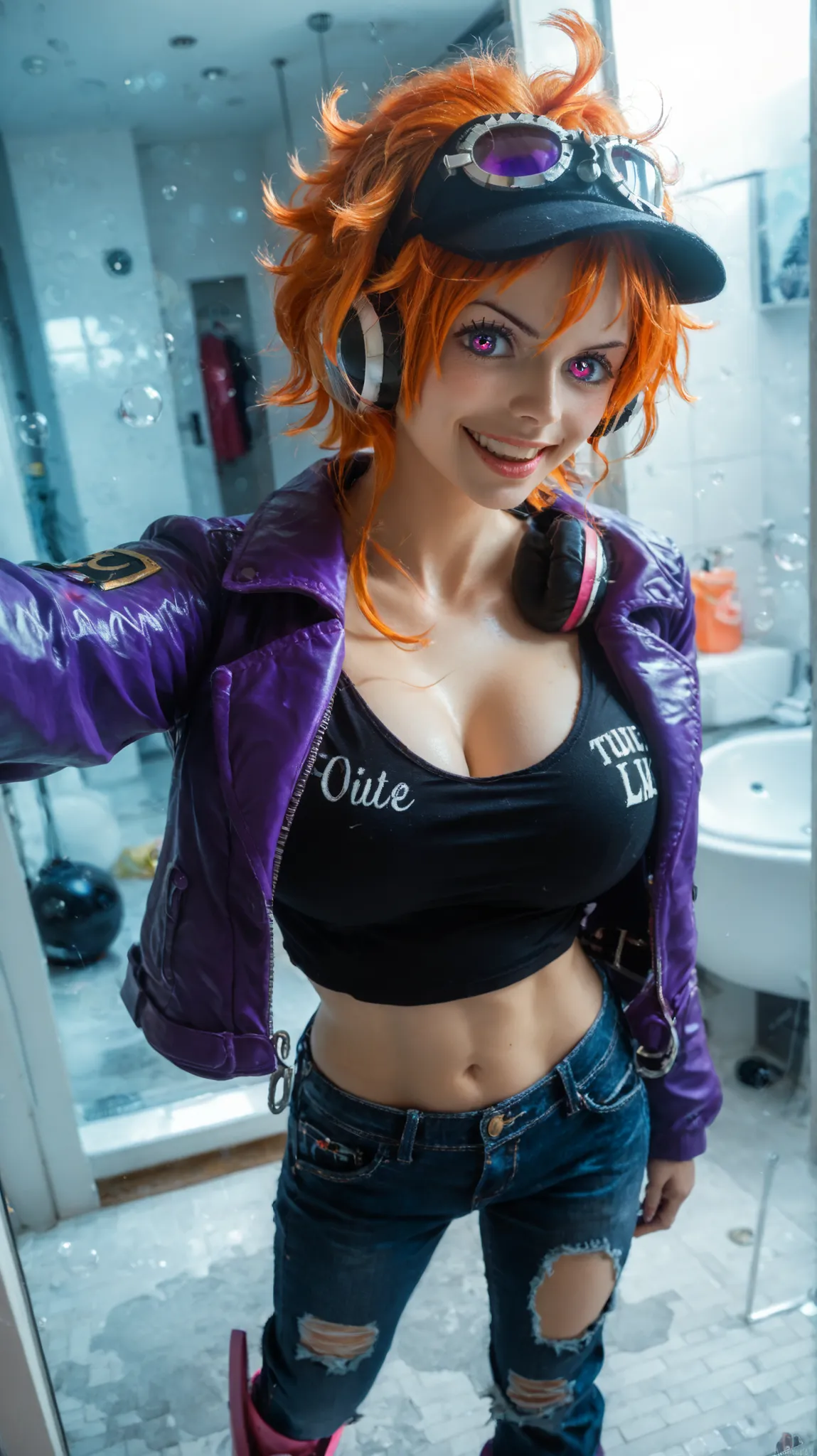 anime, anime stylet, 1girl, solo, large breasts, looking at viewer, dynamic pose, confident smile, short messy hair, open mouth, headphones, vegapunk lilith, purple jacket with "02" patch, hair over one eye, toned body, orange hair, violet eyes, Korean sty...