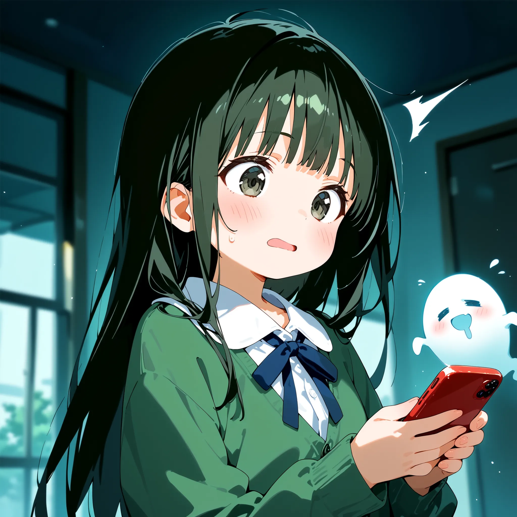 best quality、Highest Quality、 cell phone screen 、The cute ghost of Sadako crawls out、Surprised girl