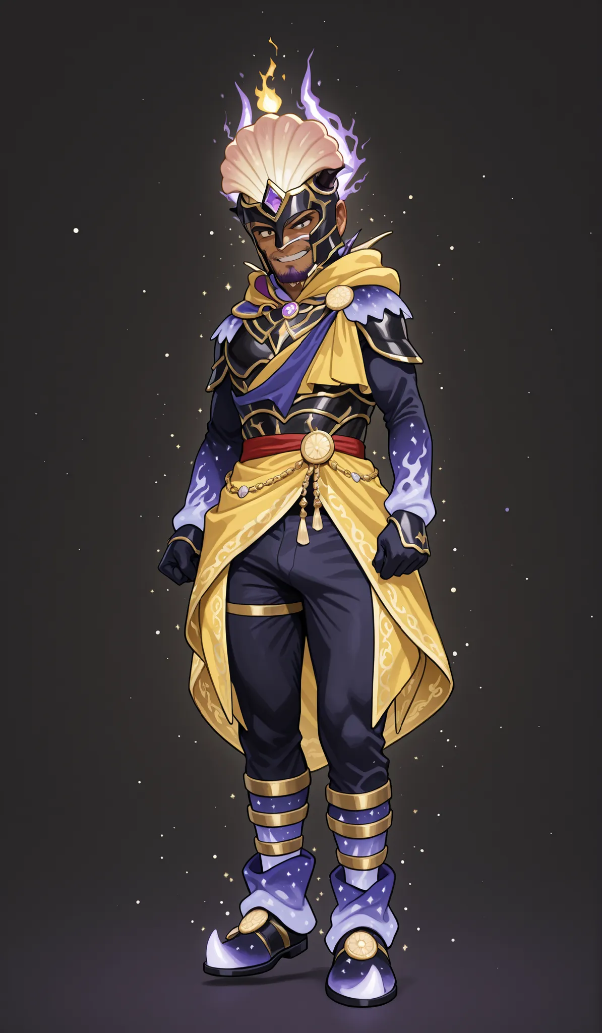 Close up of a male devil wearing a costume,  magician robe with a Tsukan motif , Lunar Themed Outfit,   -themed Julian dressed as an Oracle  , full body image 超精密,  fantasy costume, Believers in yellow robes,  black armor with yellow accents, Full body det...