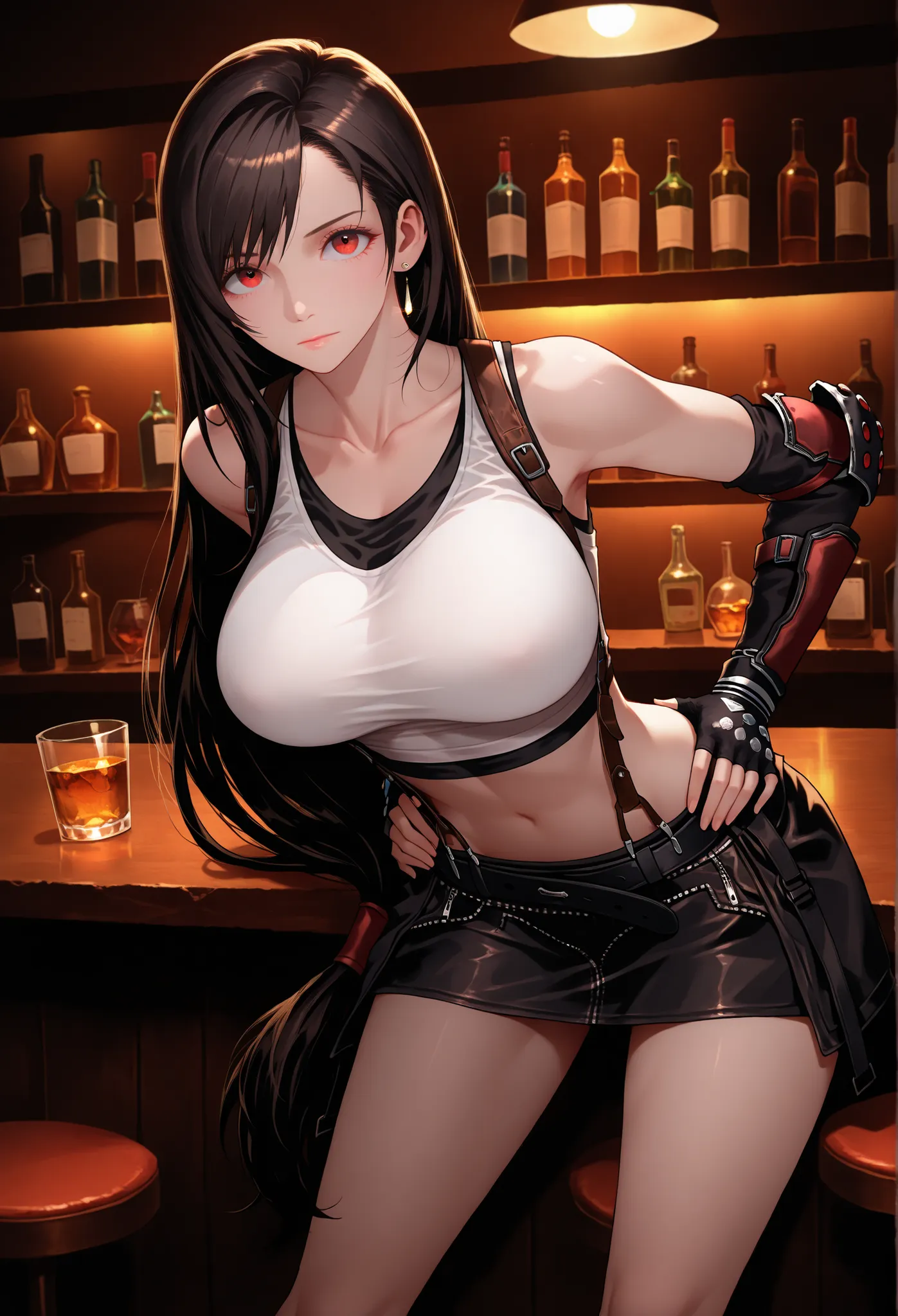 Best quality, anatomically correct, detailed image, high resolution, Tifa Lockhart, alone, bar, standing with legs wide apart at the bar, looking at the viewer joyfully, closed mouth, hands on hips, slightly leaning upper body towards the viewer, front vie...