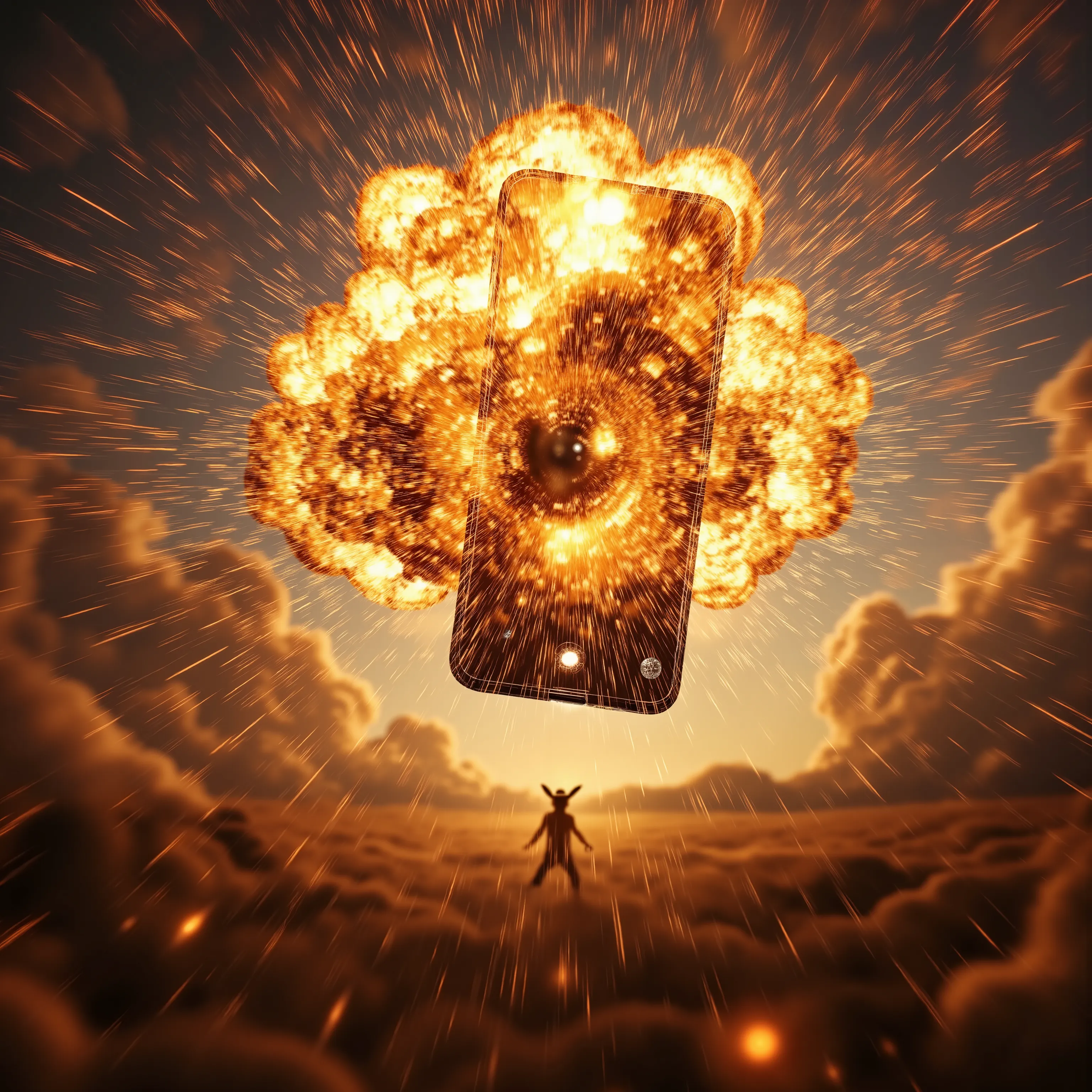 image of smart phone, gremlins exploding out of my smart phone some flying through air from a huge explosion, beautiful detailed, high resolution, 8K, realistic rendering, (Masterpiece, Hi-res: 1. 2), ultra-realistic details, depth of fields, High Definiti...