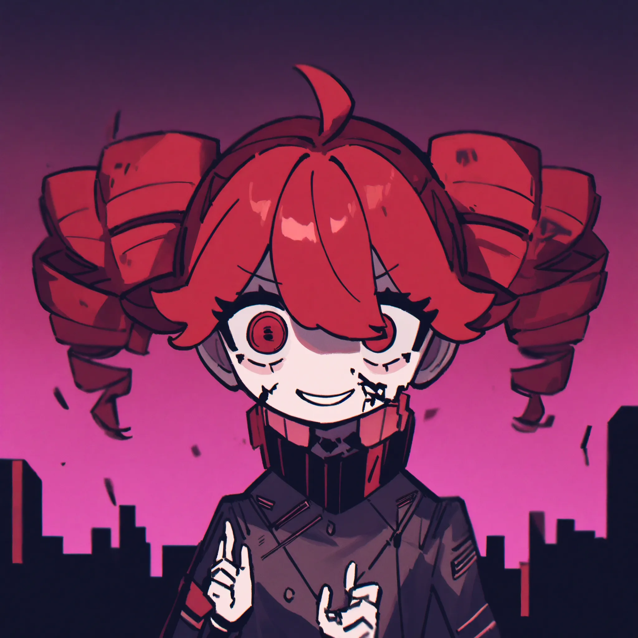 red hair、curly triangle hair、 A dark cyberpunk-style album cover featuring a broken marionette girl dancing in flames. Her strings are snapping, symbolizing rebellion. She has a vacant, cracked expression but still smiles unnaturally. The background is a g...