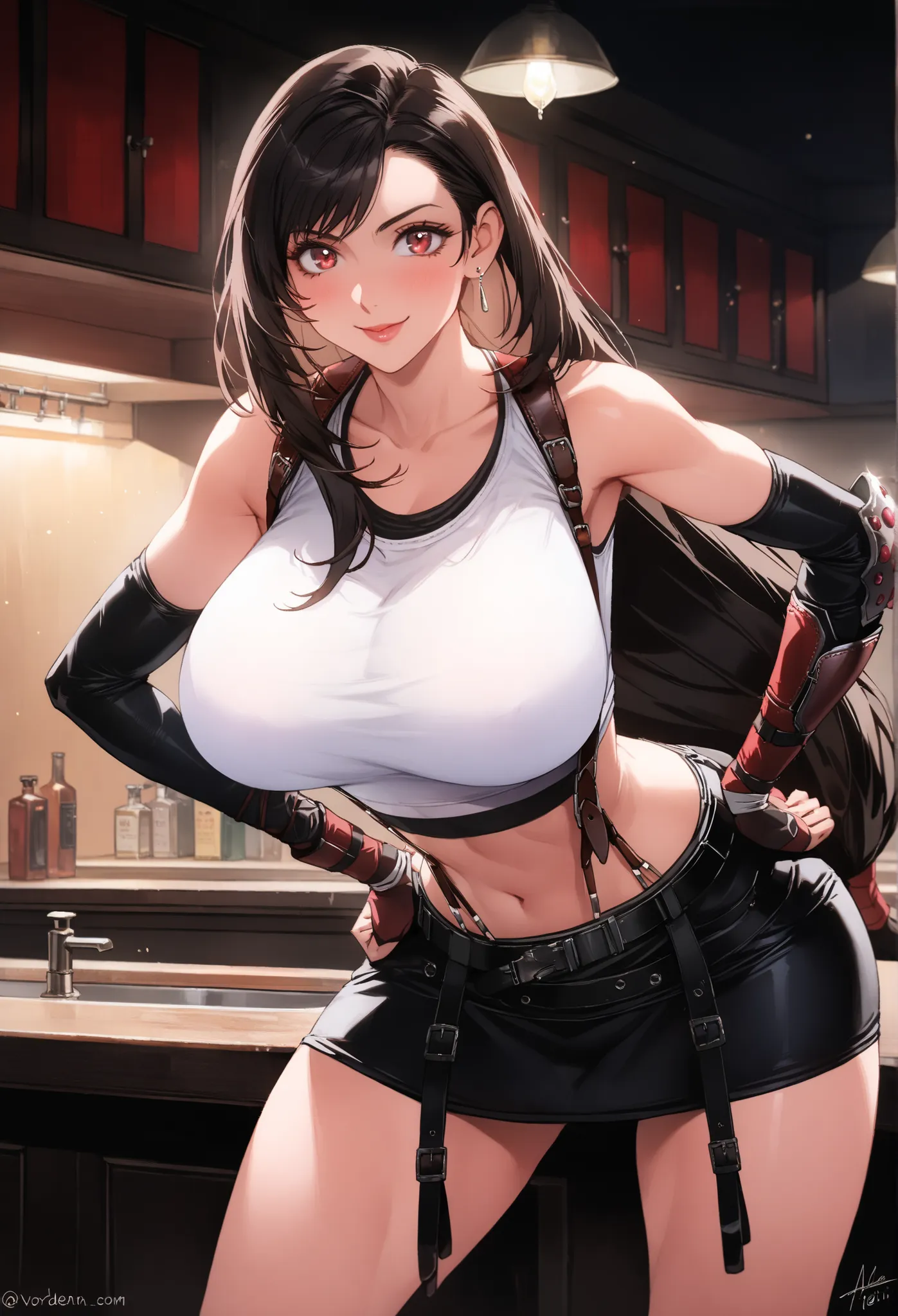 best quality, anatomisch korrekt, detailliertes Bild, high resolution, Tifa Lockhart, allein, Bar, Stands with legs apart at the counter, Looks at the viewer joyfully, geschlossener Mund, hands on hips, Her upper body is slightly tilted forward towards the...