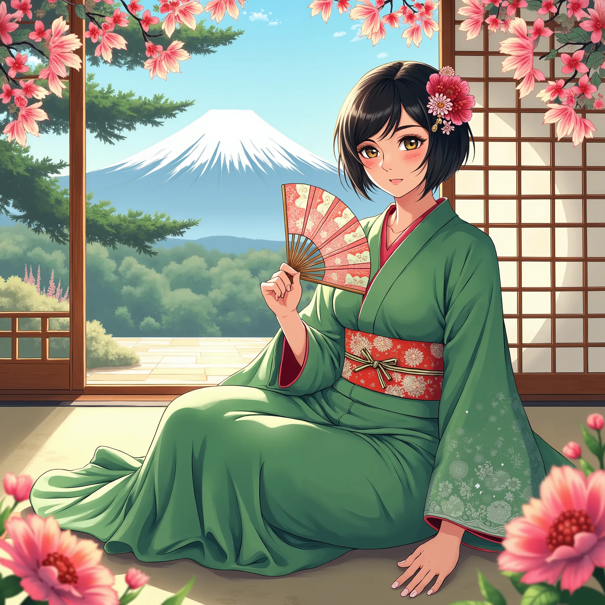 illustrations、anime、A beautiful forty- woman is sitting、green kimono、Japanese Women、Japanese-style room、pine tree、Mt. Fuji、 beautiful flowers 、fan、breasts are big、