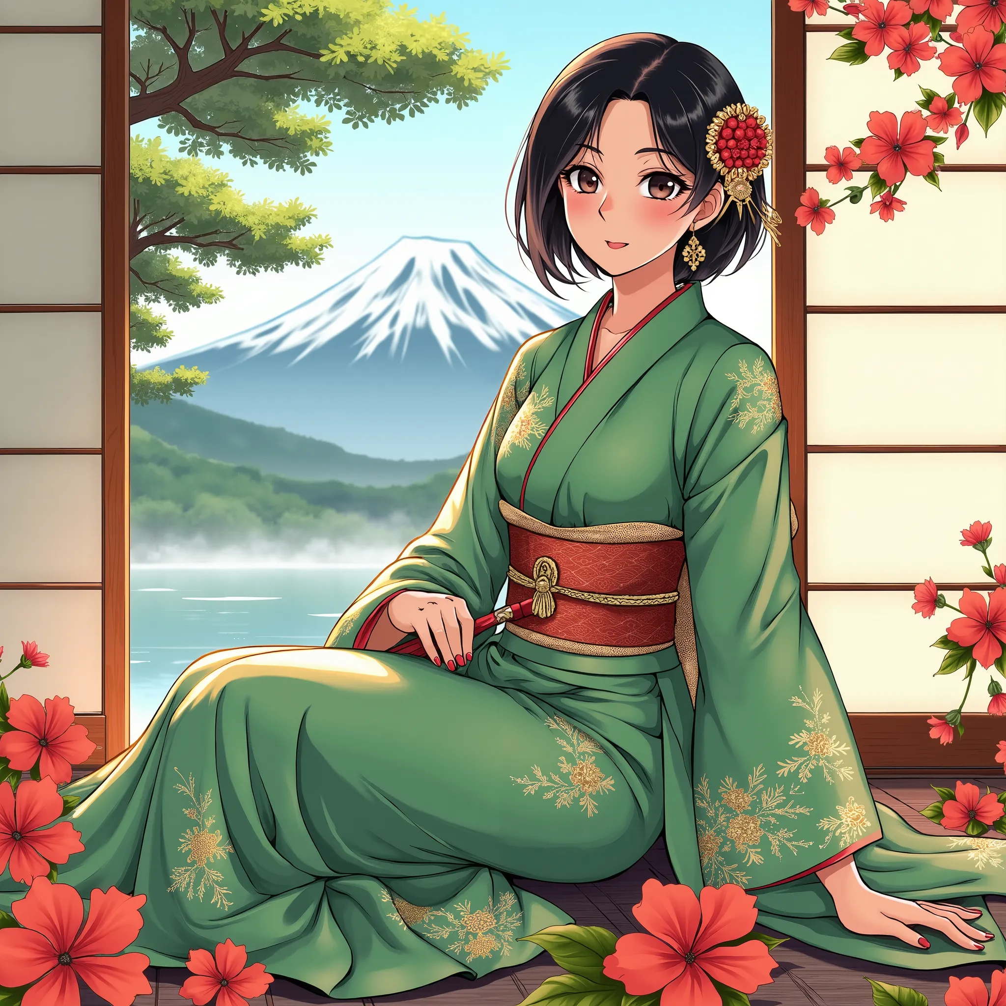 illustrations、anime、A beautiful forty- woman is sitting、green kimono、Japanese Women、Japanese-style room、pine tree、Mt. Fuji、 beautiful flowers 、fan、breasts are big、