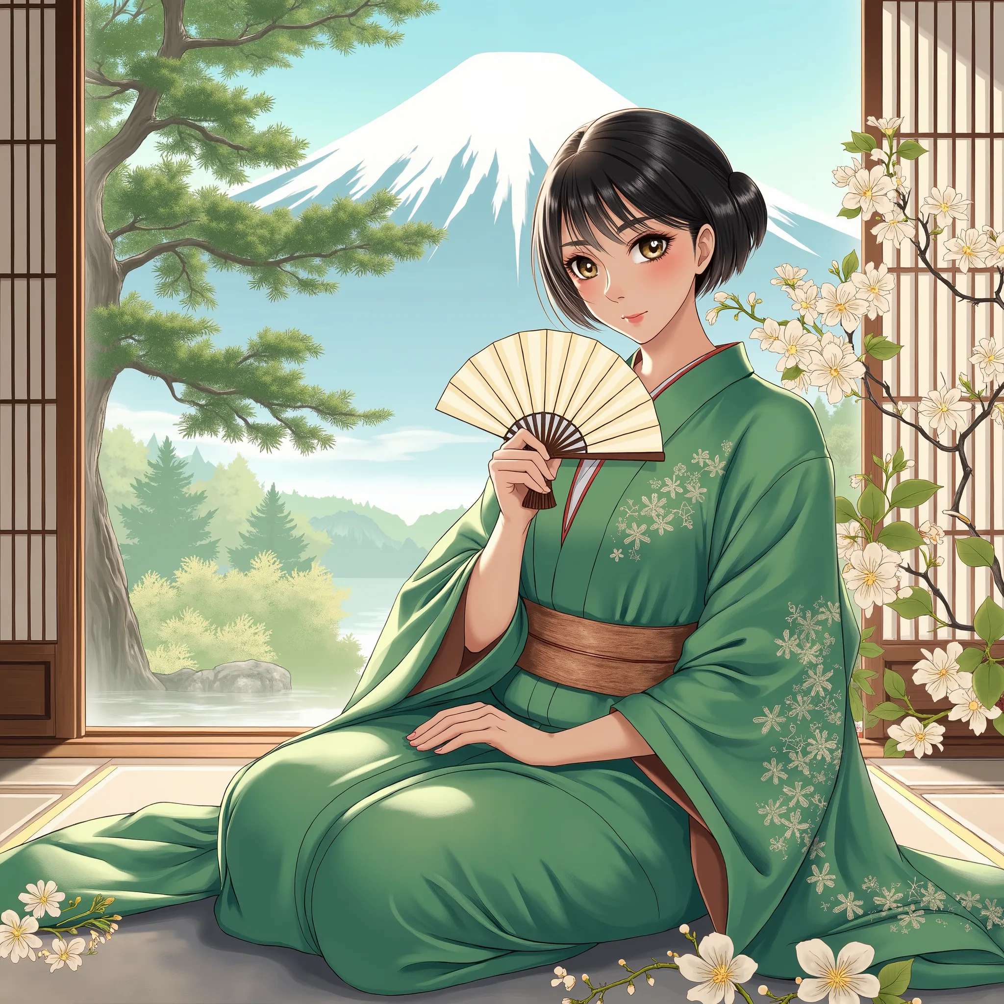 illustrations、anime、A beautiful forty- woman is sitting、green kimono、Japanese Women、Japanese-style room、pine tree、Mt. Fuji、 beautiful flowers 、fan、breasts are big、