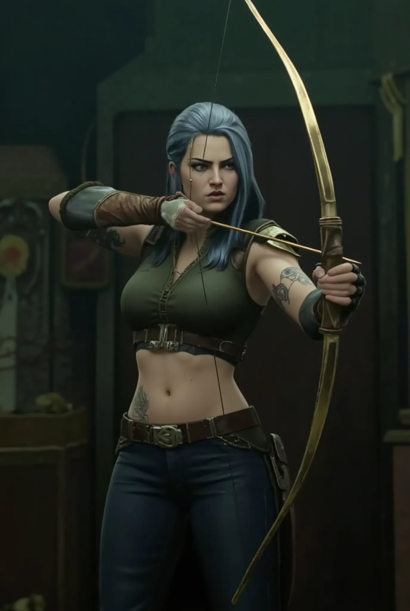 (((Arcane style character))), (face is a combination  of Vi and Caitlin), (Busty), ((wide hips)), athletic pose holding a bow and arrow, (huge breasts), dragon tattoos, ((silver-white hair)), (long hair in a ponytail), piercings, high quality, 8K, hi res, ...