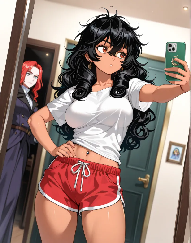 (obra-prima), melhor qualidade, olhos expressivos, rosto perfeito, cabelo preto, long curly hair, short red pajama shorts,  pernas expostas , coxas grossas, molhado, barriga a mostra, Piercing no umbigo, selfie, Regatta with one of the straps partially sagging , showing one of the breasts , ampla, one of the breasts partially exposed, barriga exposta, Piercing no umbigo, Com figura sensual, rosto corado , pele morena ,sexy position, 19 anos de idade , olhos azuis, fotografia de corpo, Messy hair, corpointeiro((vista frontal)), hand on hip, ((looking to the left)), sorrindo, bronzeado 