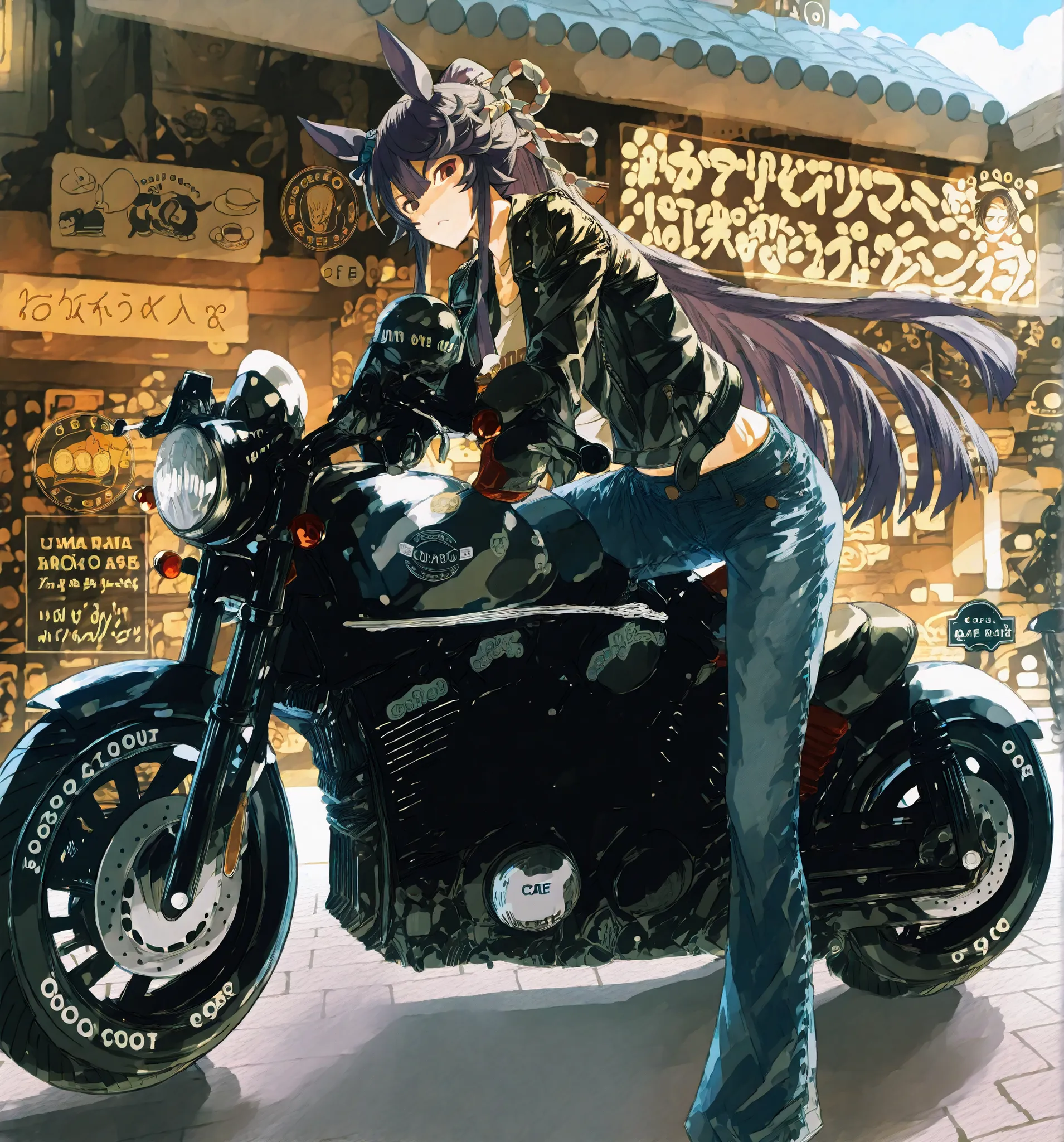 傑作、narita brian(uma musume)、yabuki、高品質、8K、1人の女の子, motorcycle, Scout Bobber, cafe racer, Leather jacket, denim pants, ride motorcycle、街並みの背景